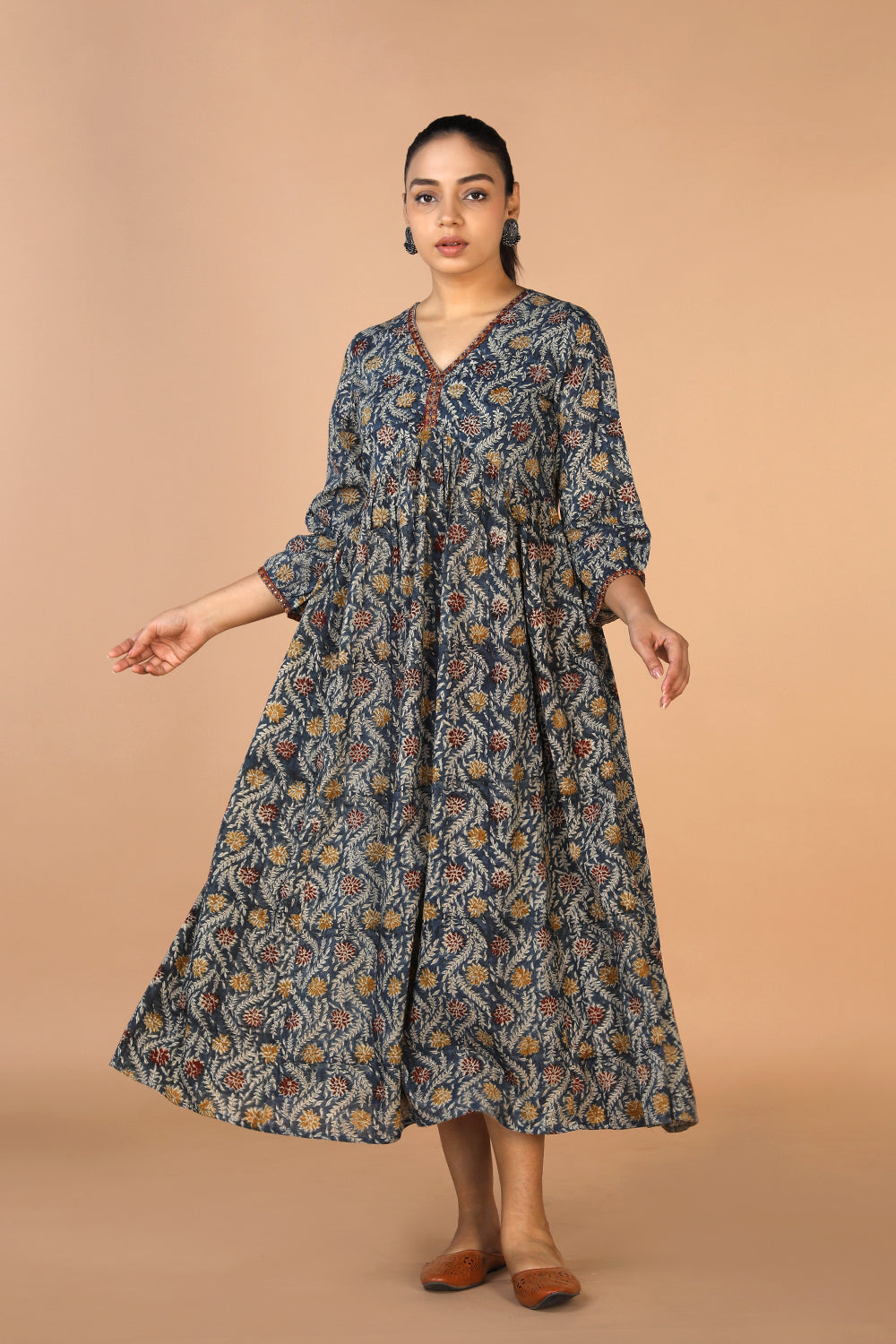 Kalanjali Ethnics Cotton Mull Kalamkari Handblock printed dress