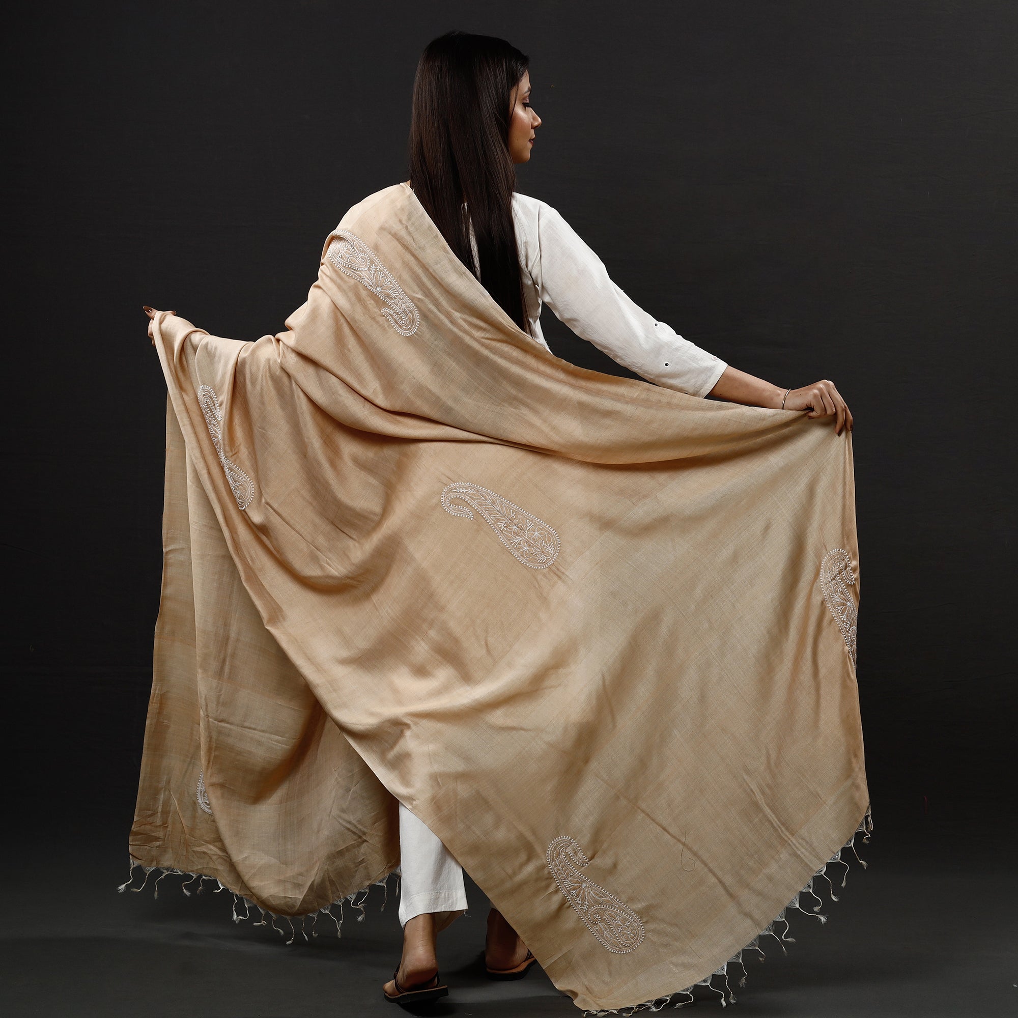 ITOKRI CRAFTS INITIATIVE Brown - Lucknow Chikankari Heavy Hand Embroidery Silk Cotton Dupatta - view 3