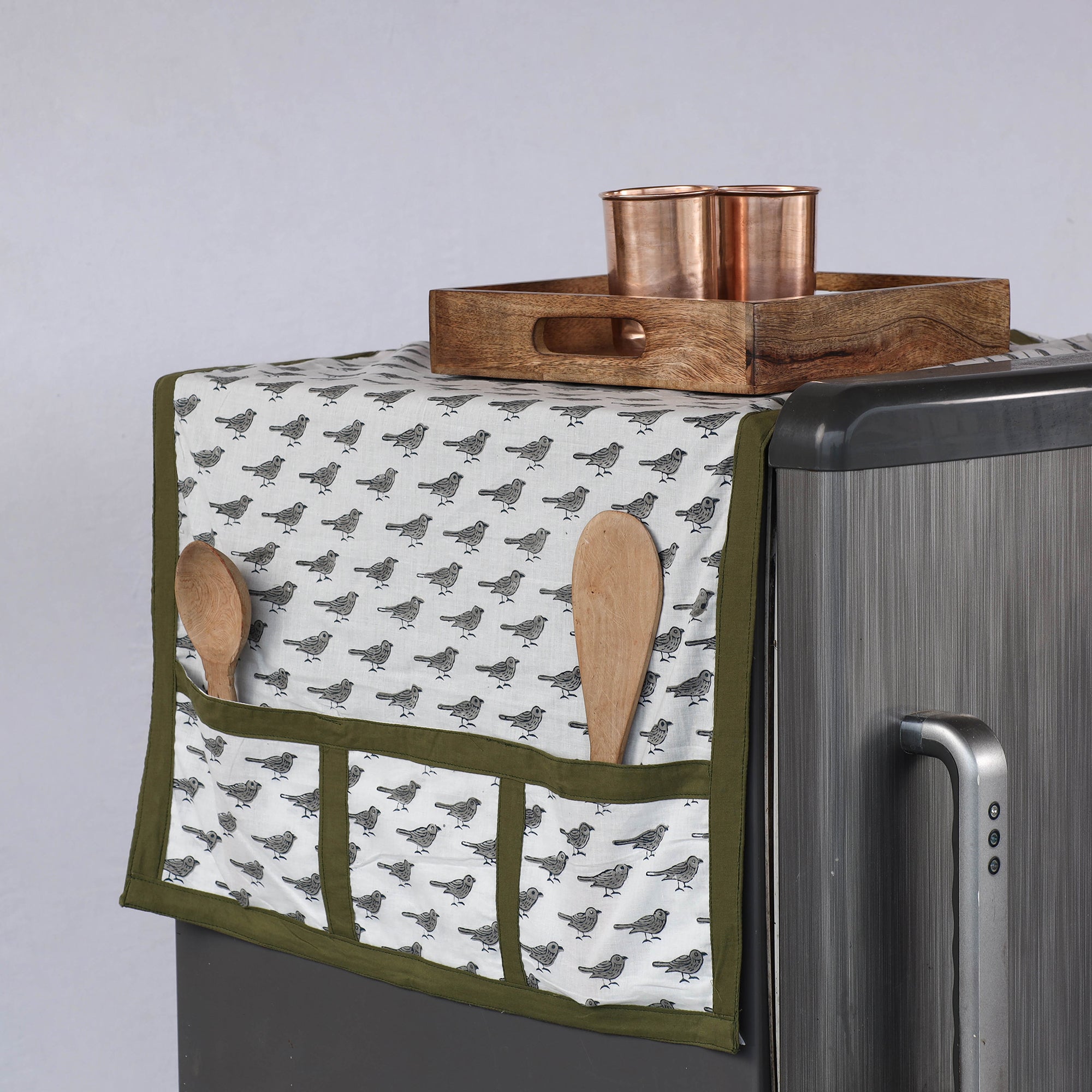 JALPARI Block Printed Cotton Fridge Top Cover with Multiple Pockets