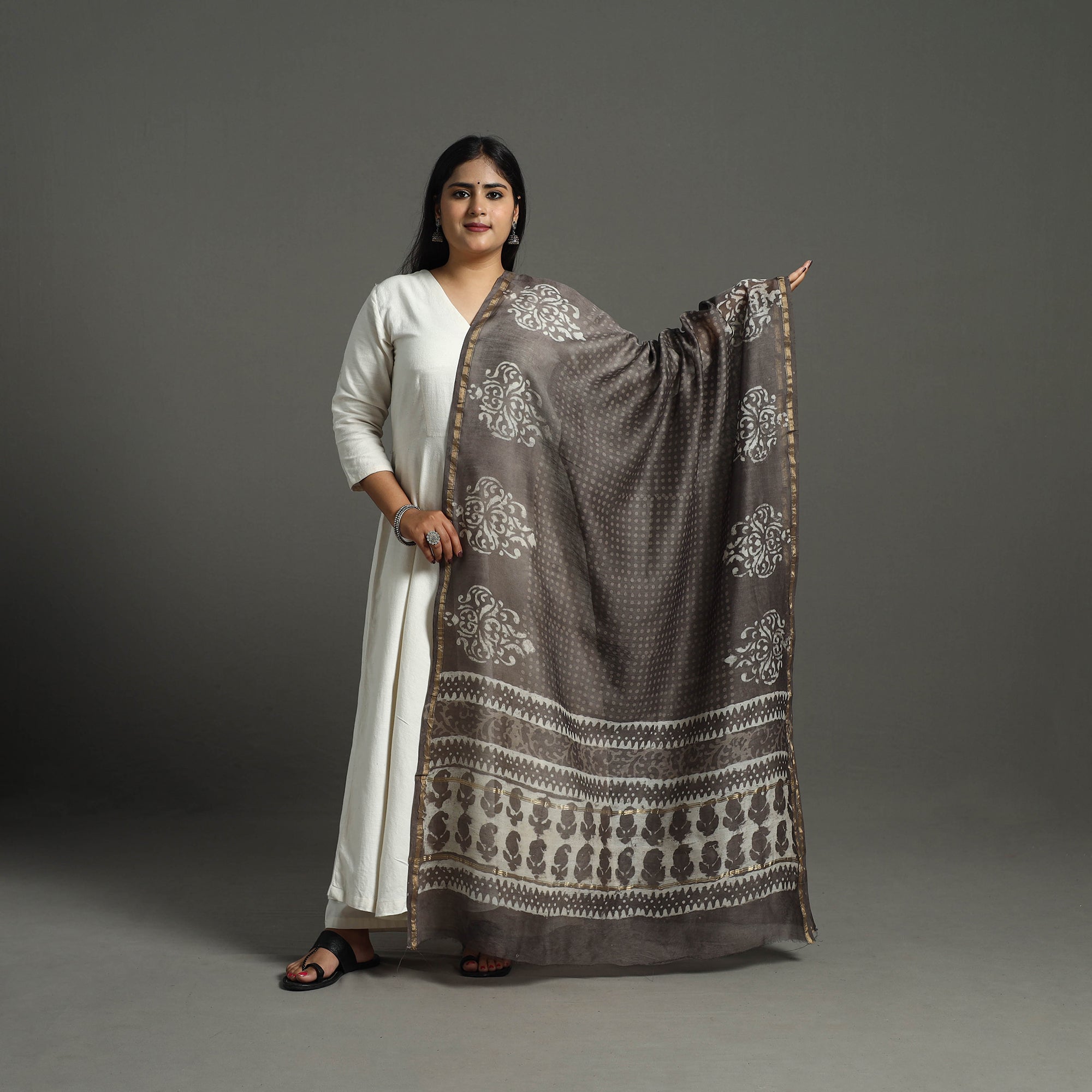 ARTISAN HAND BLOCK PRINTS Brown - Chanderi Silk Block Print Bagru Dupatta 12