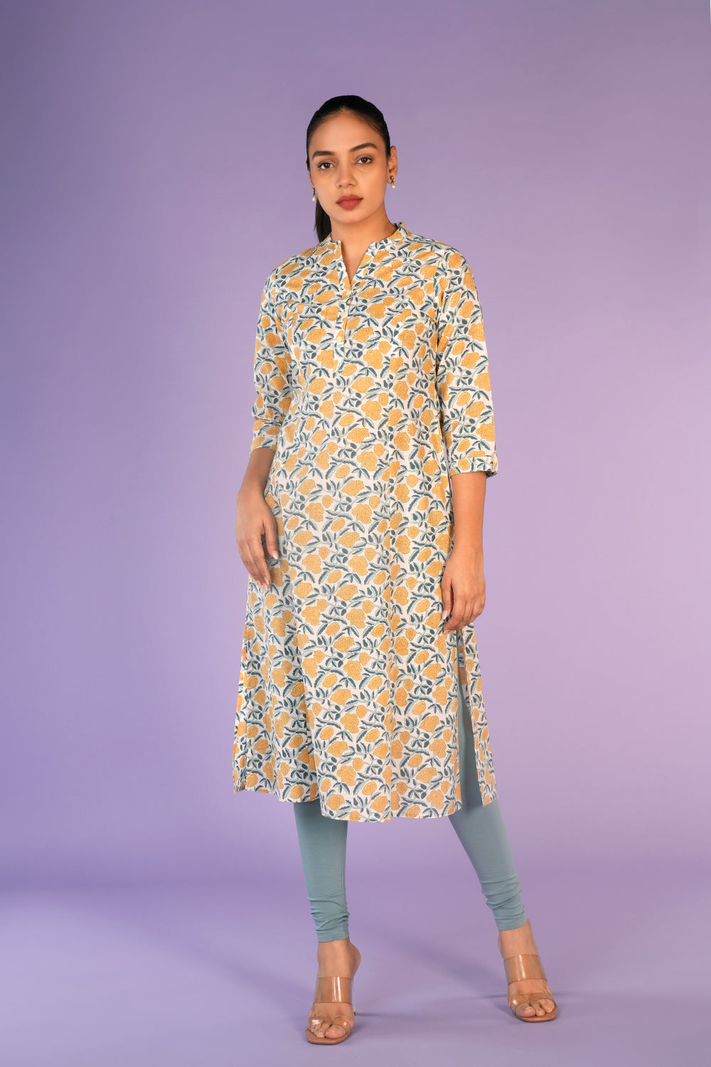 Kalanjali Ethnics Cream and yellow floral hand block printed cotton Kurti