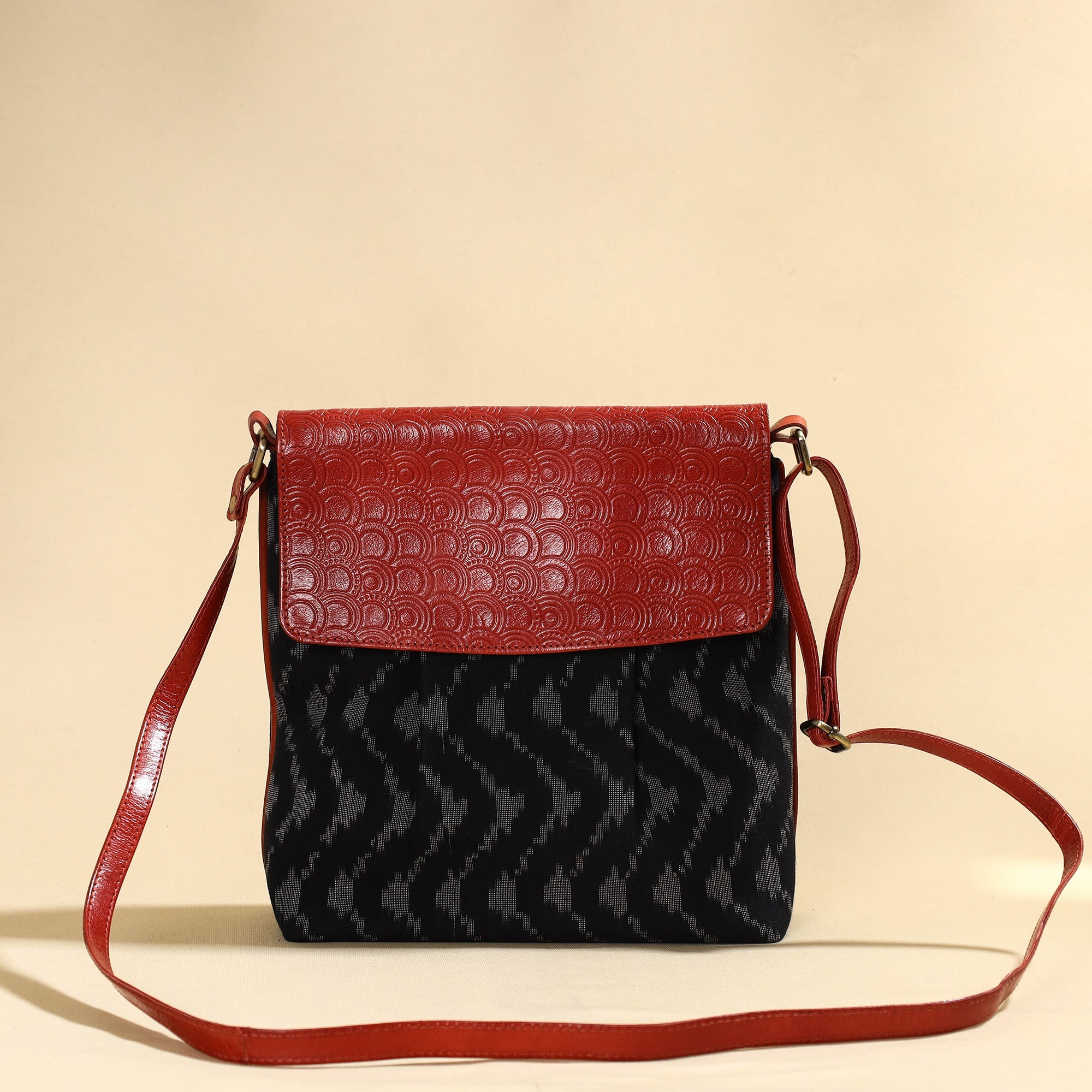 ASALKAAR Black - Handcrafted Ikat Fabric Sling Bag with Embossed Leather Flap - view 2
