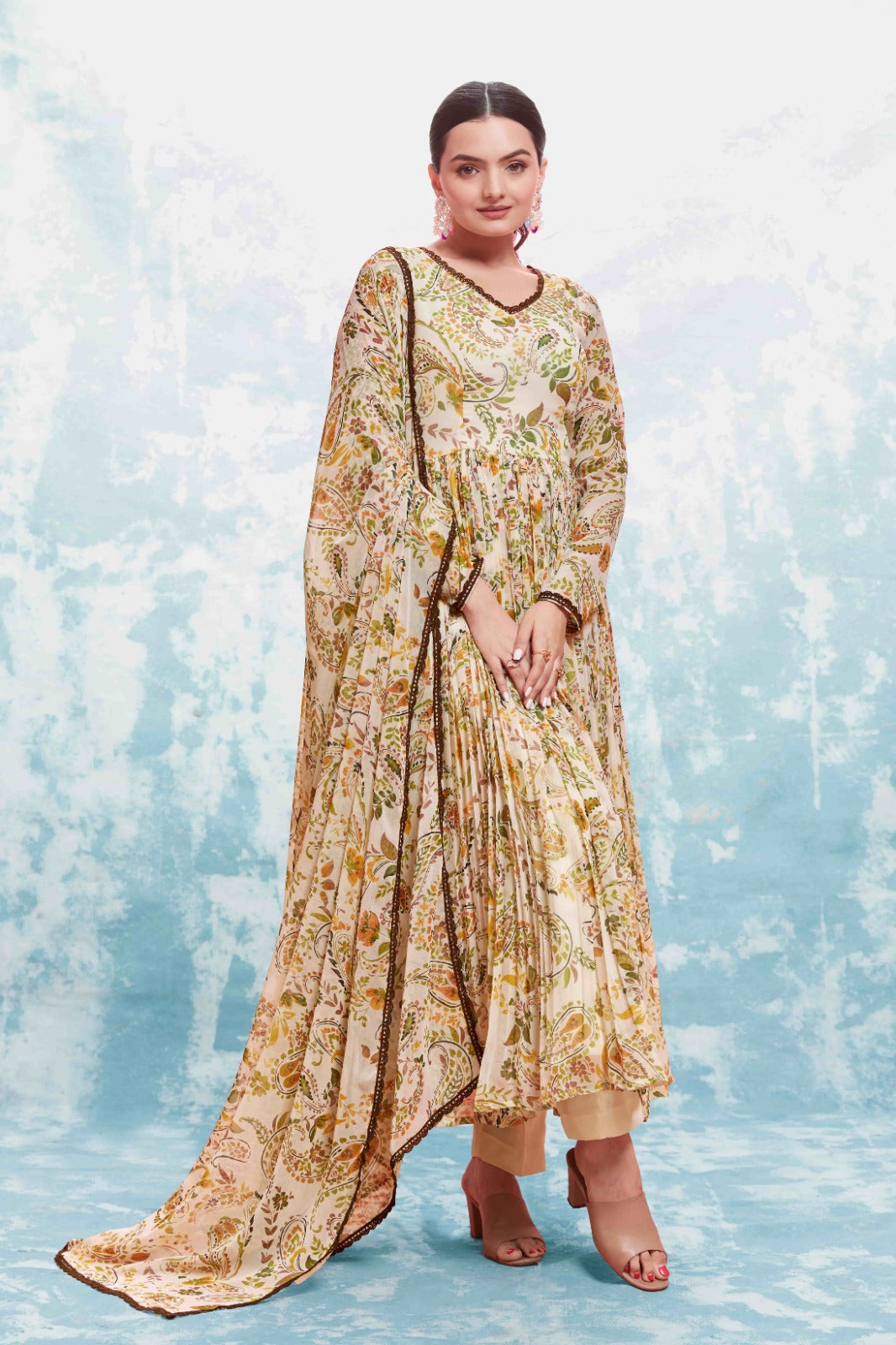 ClothsVilla Beige Georgette Printed Suit Set | Fully Stitched & Ready to Wear - view 3