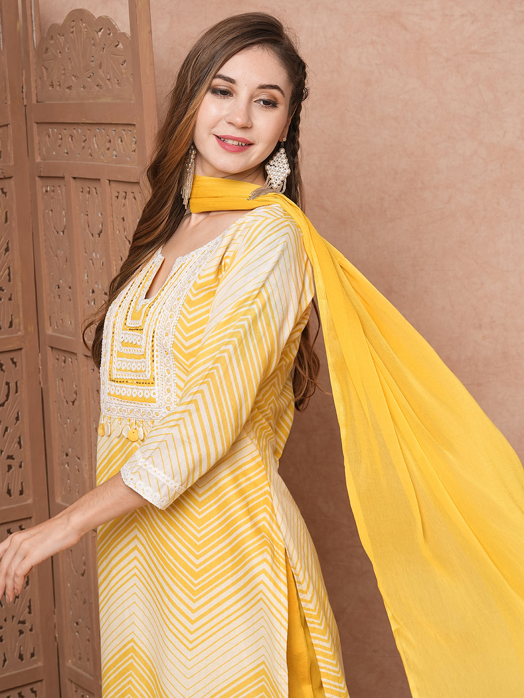 Fashor Chevron Printed Mother-of-Pearl Embellished Schiffili Kurta with Pants & Dupatta - Yellow - view 2