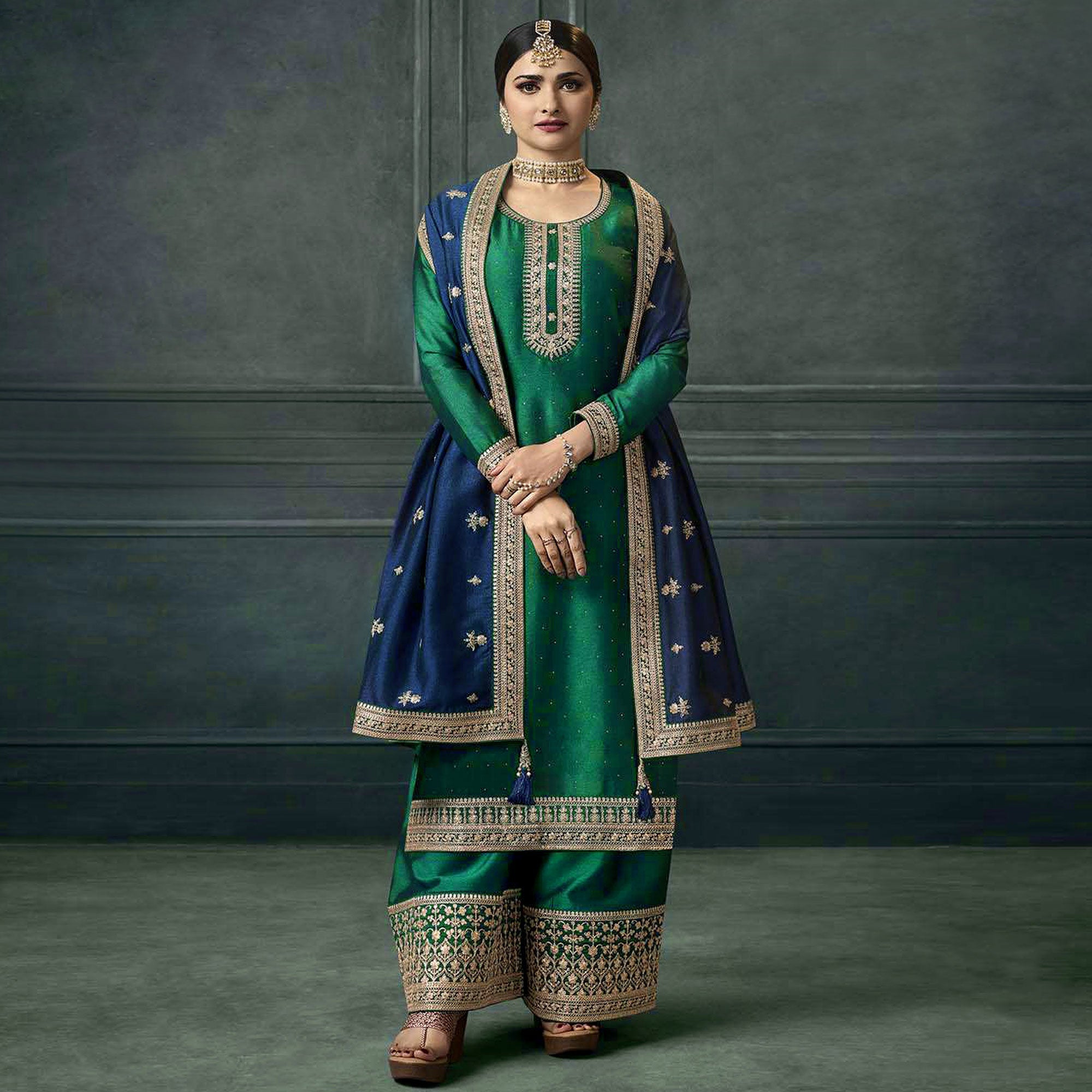 Green trousers – BlackTree green-embroidered-georgette-semi-stitched-palazzo-suit