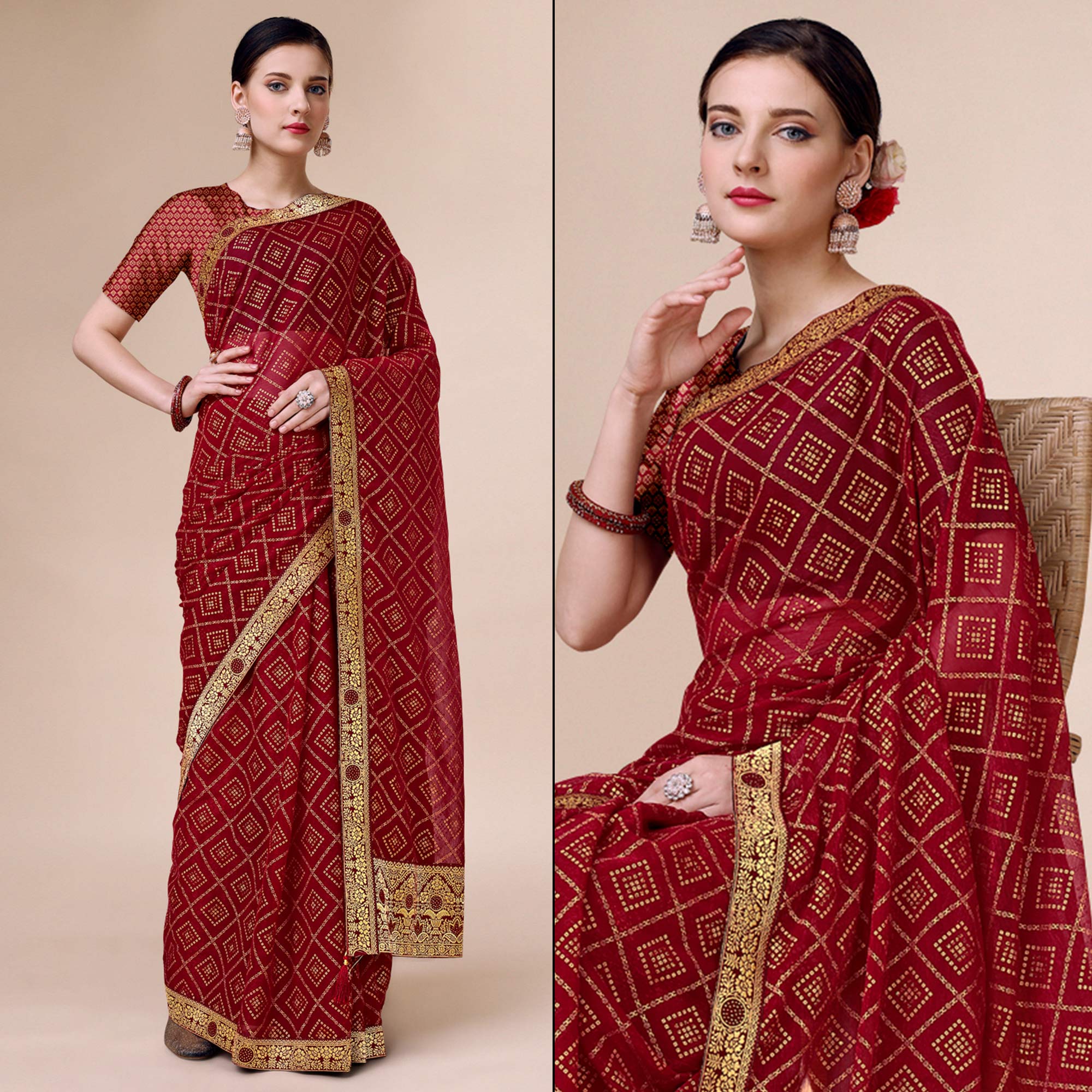 Peachmode Maroon Bandhani Foil Printed Chiffon Saree With Tassels