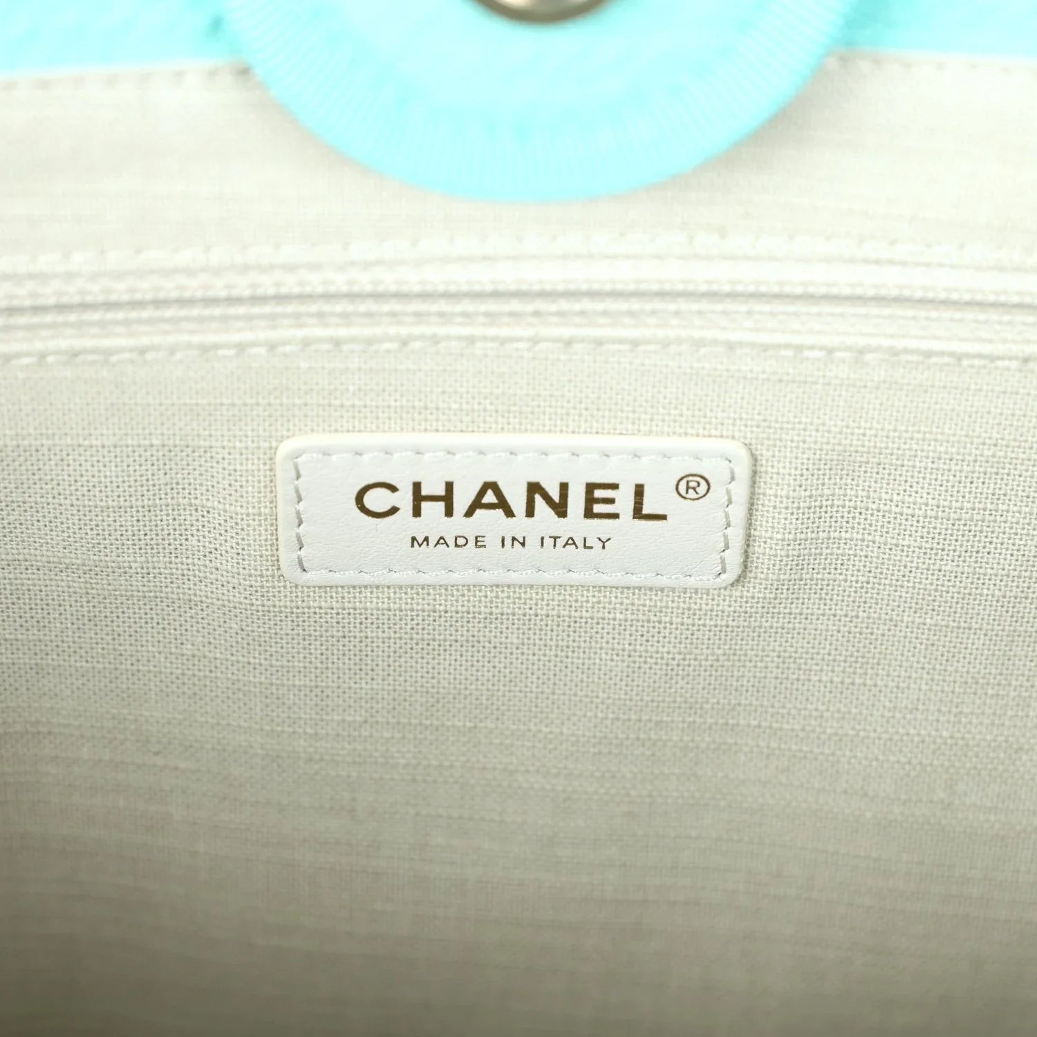 Cop Underdog Chanel Small Deauville Shopping Bag Turquoise Canvas Light Gold Hardware - view 7