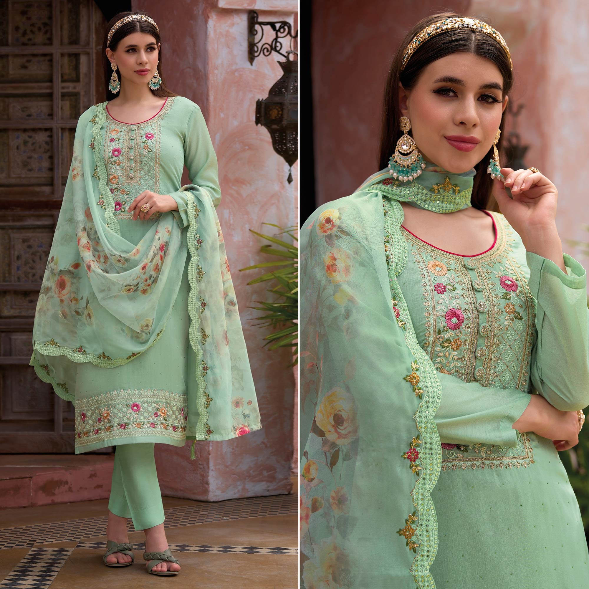 Green suits – BlackTree green-floral-embroidered-viscose-semi-stitched-suit