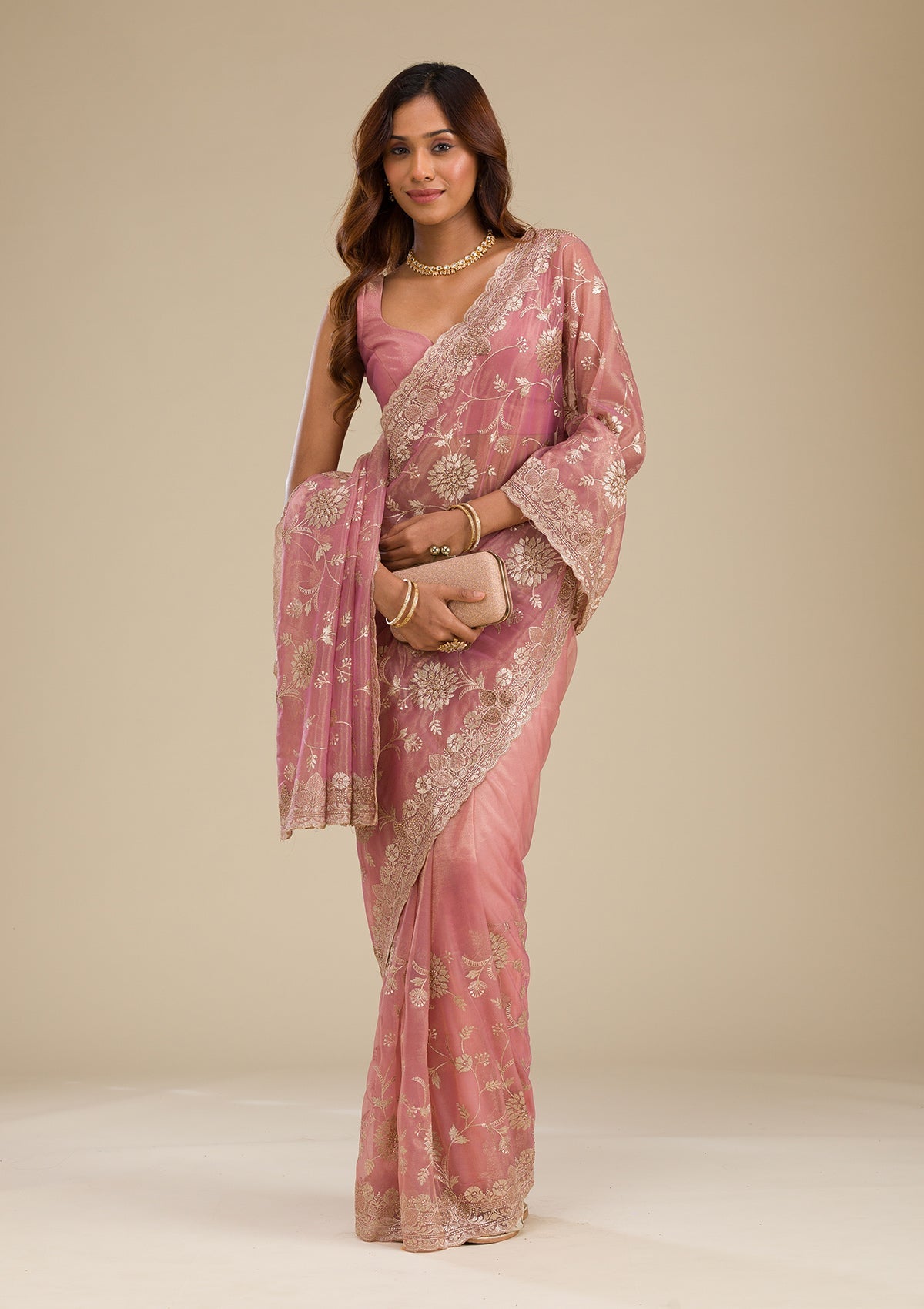 Koskii Rust Zariwork Tissue Saree – Women's