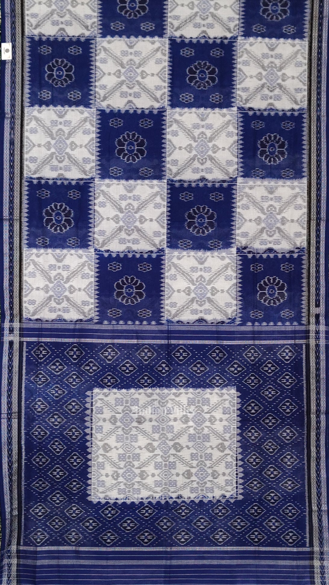 IndianVillèz White Blue Pasapali Odisha Ikat Sambalpuri Cotton Saree