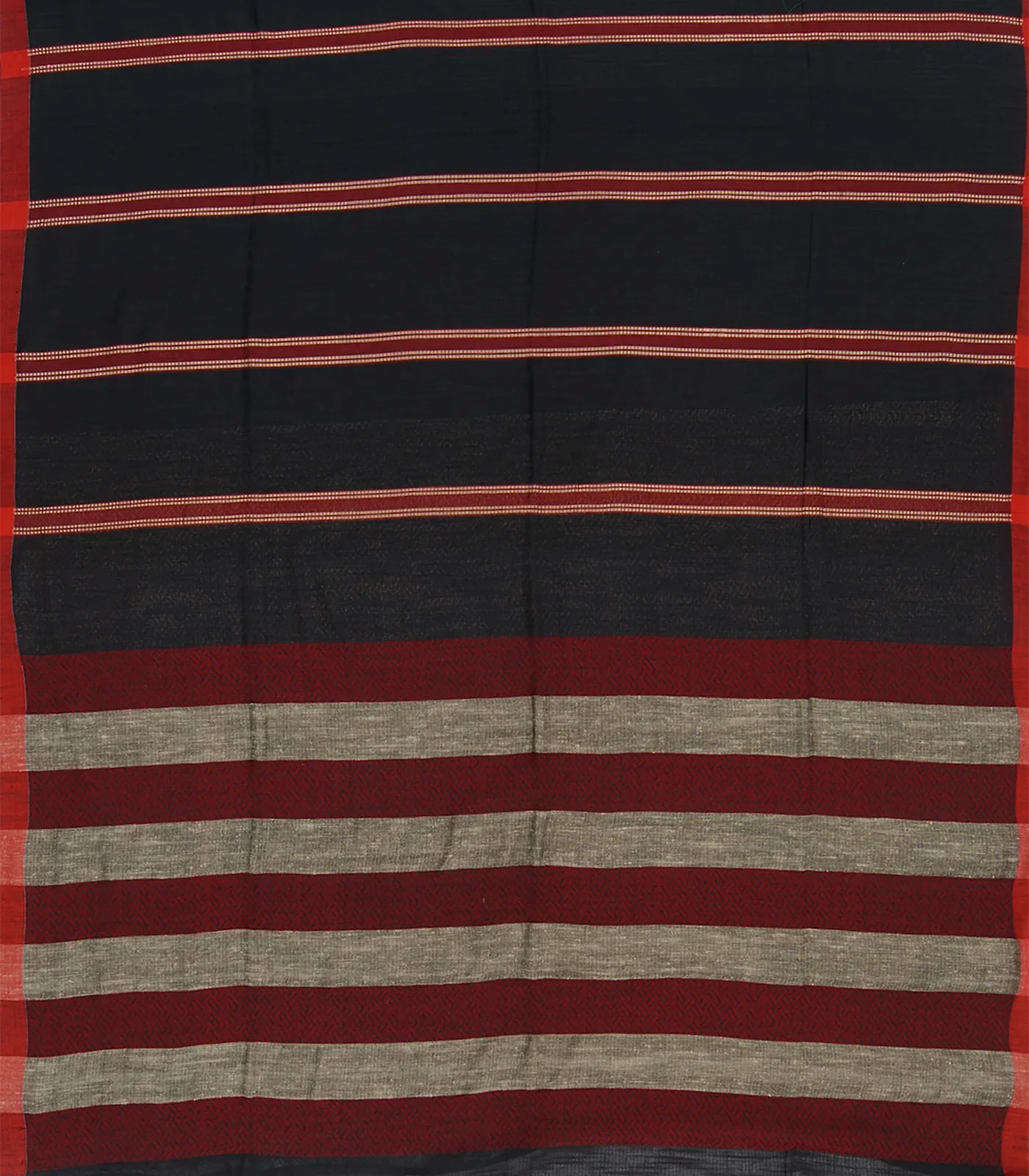RmKV Black Handwoven Bengal Cotton Saree With Stripes & Maroon Pallu-Black - view 2