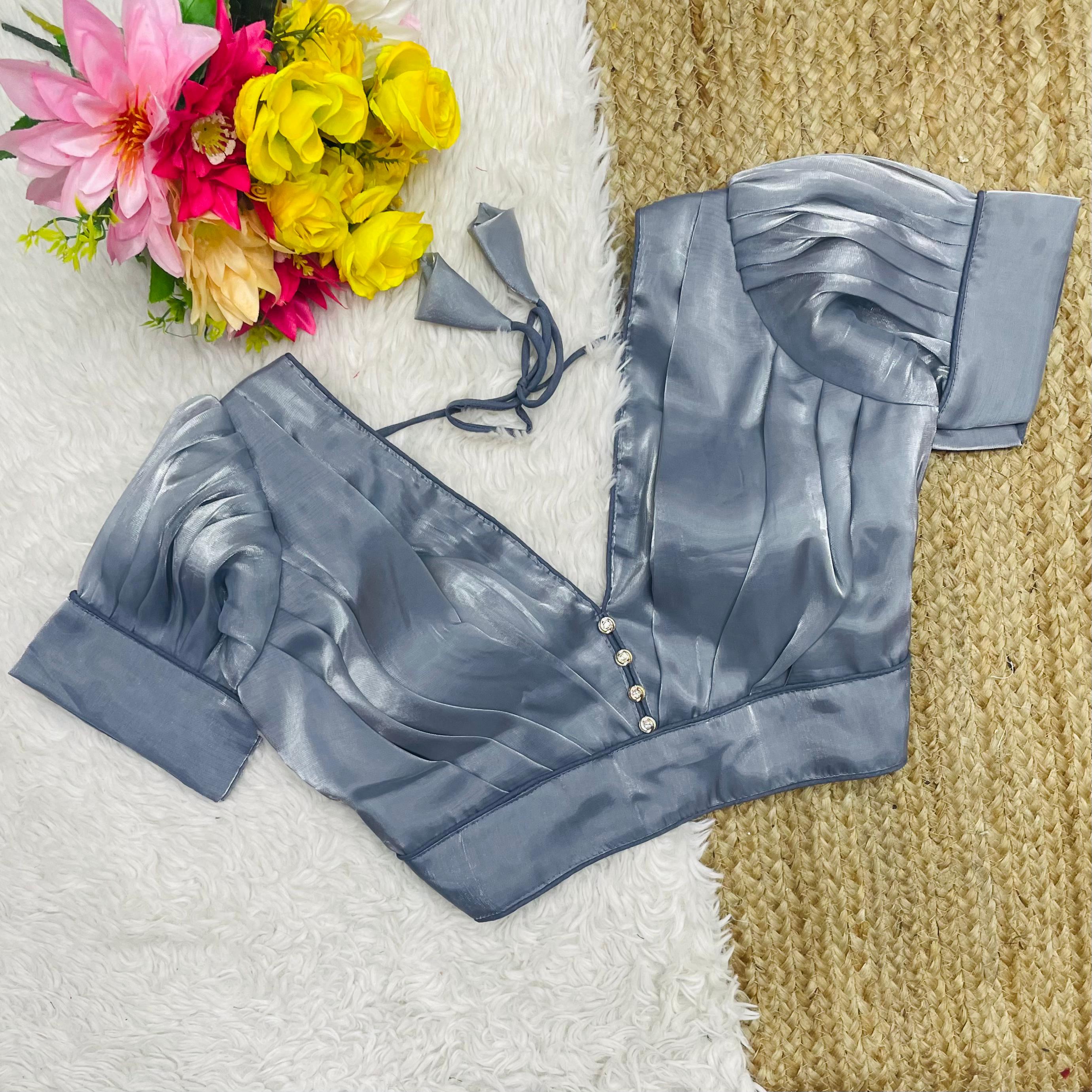 ClothsVilla Grey Glamorous Ruffled Metallic Jimmy Choo Blouse