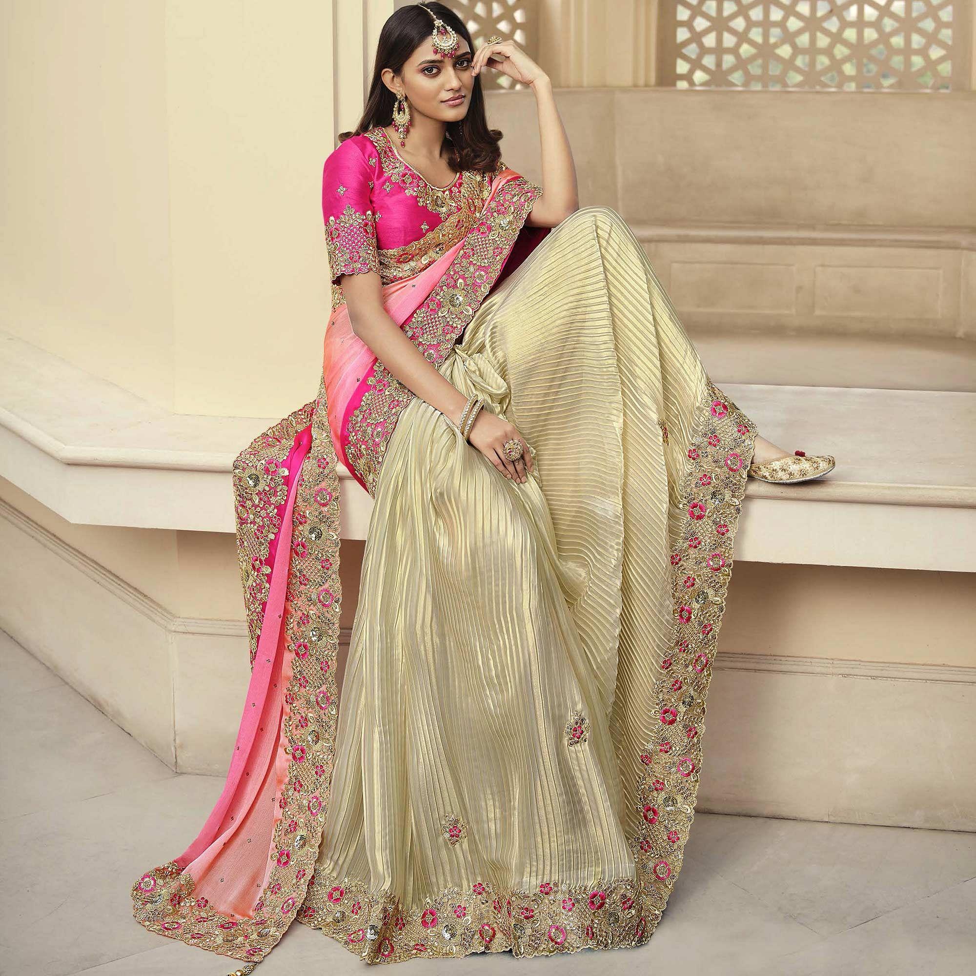 Peachmode Cream - Rose Pink Party Wear Embroidered Satin Half & Half Saree - view 7