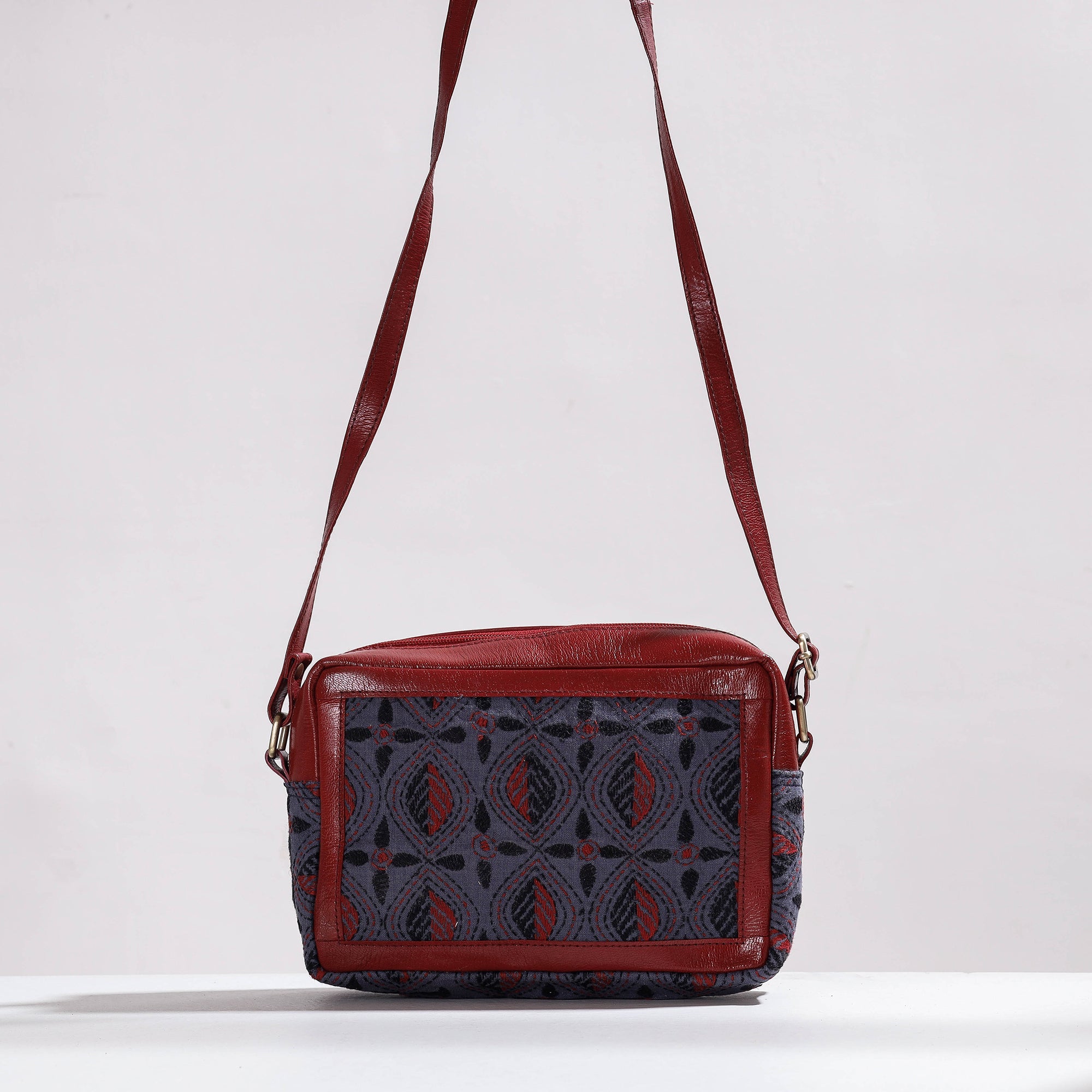 ASALKAAR Brown - Handcrafted Kantha Embroidery Cotton & Leather Sling Bag - view 2