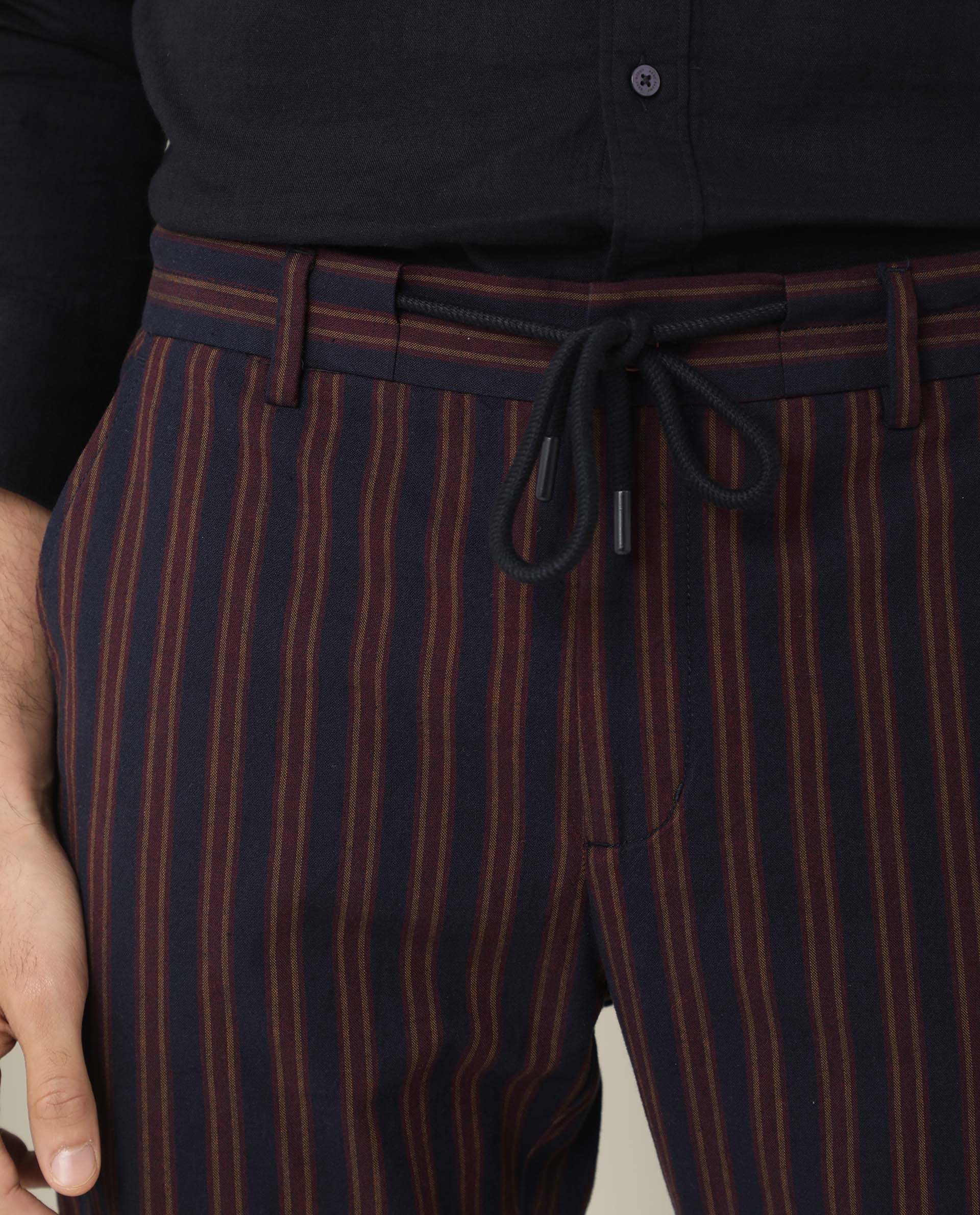 Rare Rabbit Men's Banny Navy Mid-Rise Regular Fit With Drawstring And Elastic Waistband Striped Trouser - view 2