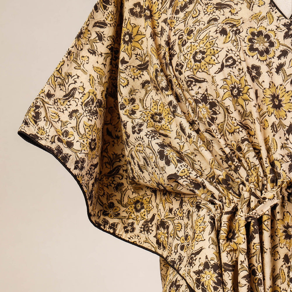 CHUTNEY CRAFT STUDIO Beige - Block Print Cotton Kalamkari Kaftan with Tie-Up Waist (Medium) - view 2