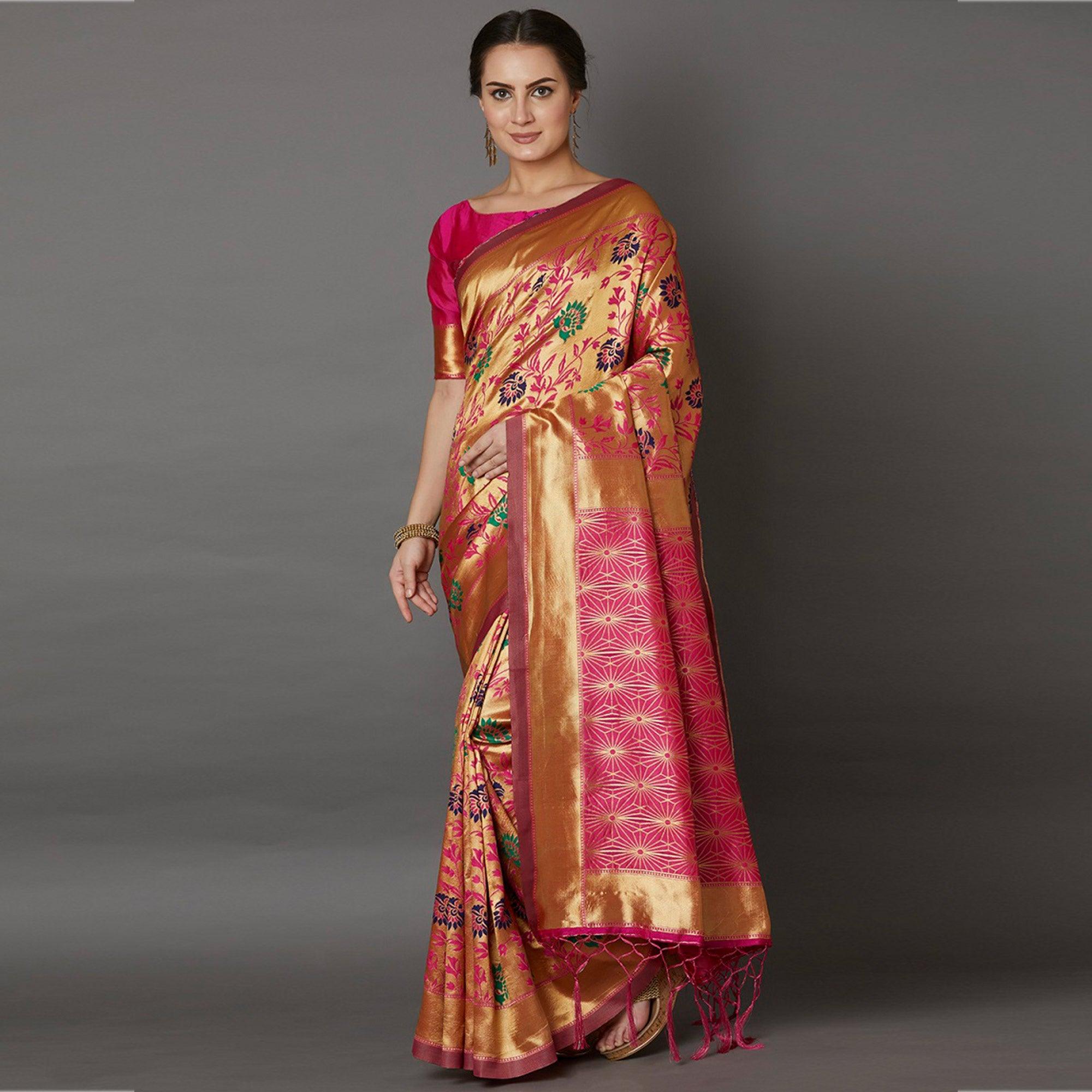 Peachmode Captivating Golden Colored Festive Wear Woven Silk Saree