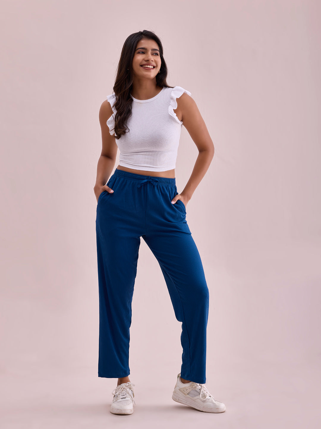 Go Colors Women Solid Turquoise Blue Mid Rise Casual Rib Pants - view 5