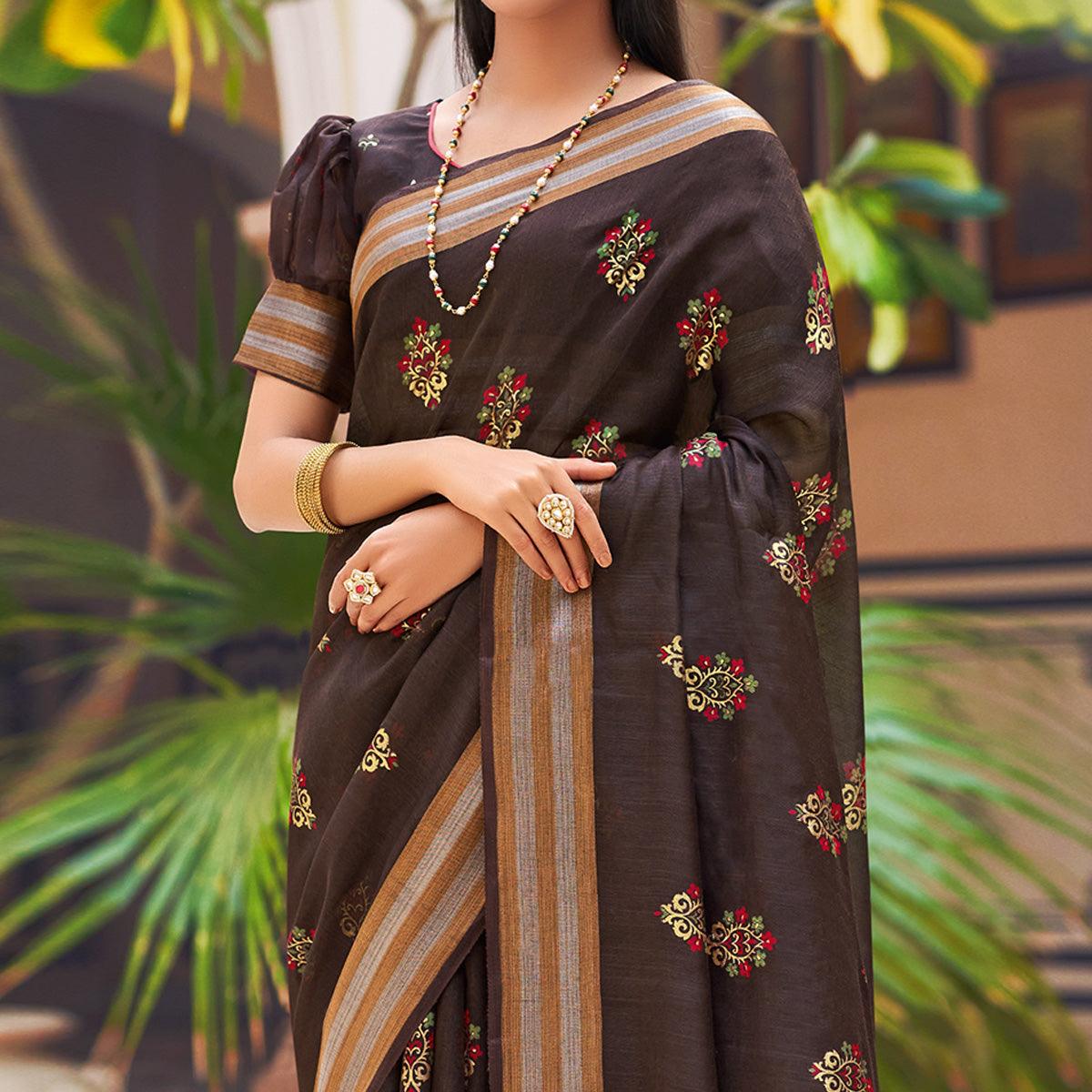 Peachmode Brown Festive Wear Printed Chanderi Silk Saree - view 2