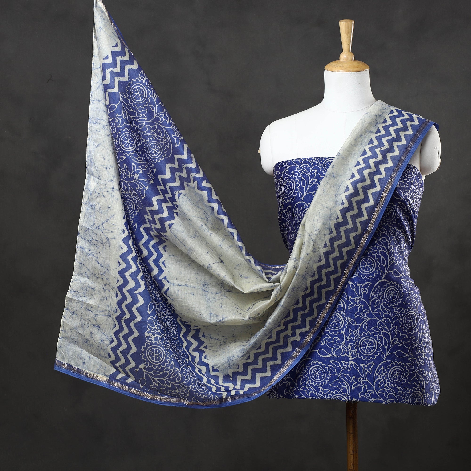 KACHCHH JI CHHAAP Blue - 2pc Maheshwari Silk Hand Batik Print Dress Material