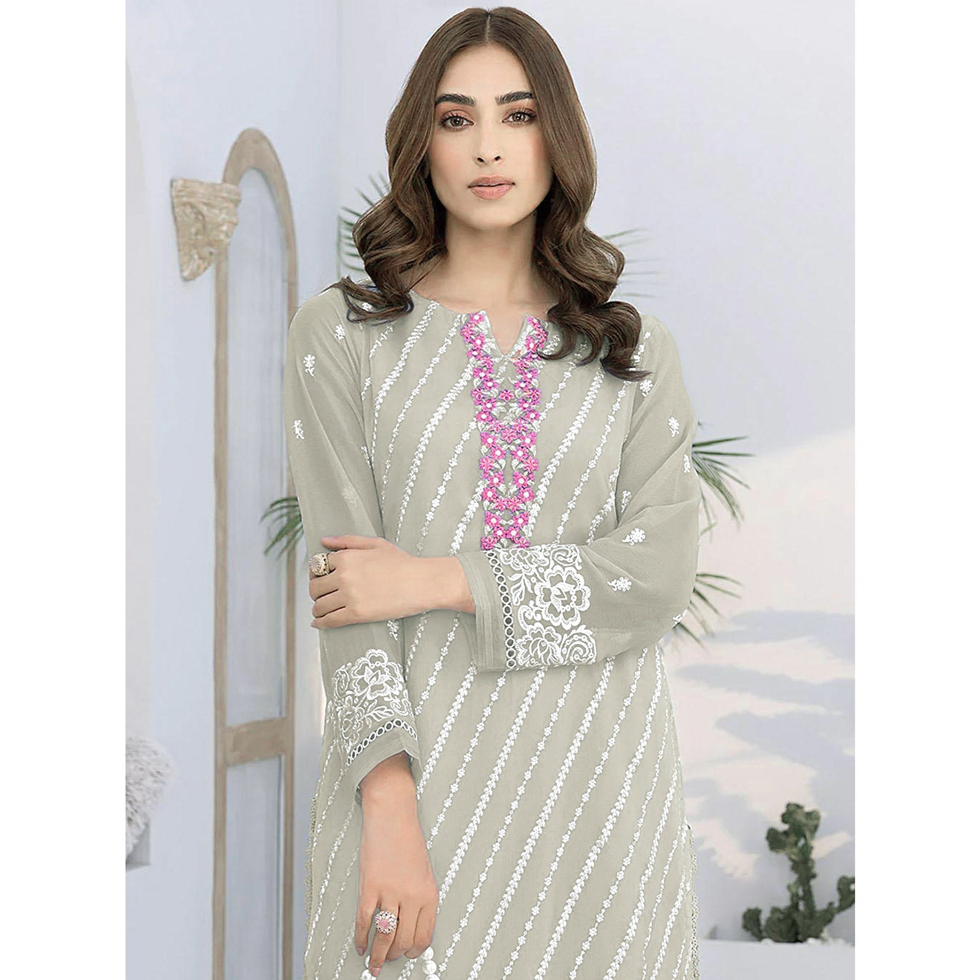 Peachmode Fog Green Floral Embroidered Georgette Semi Stitched Suit - view 4