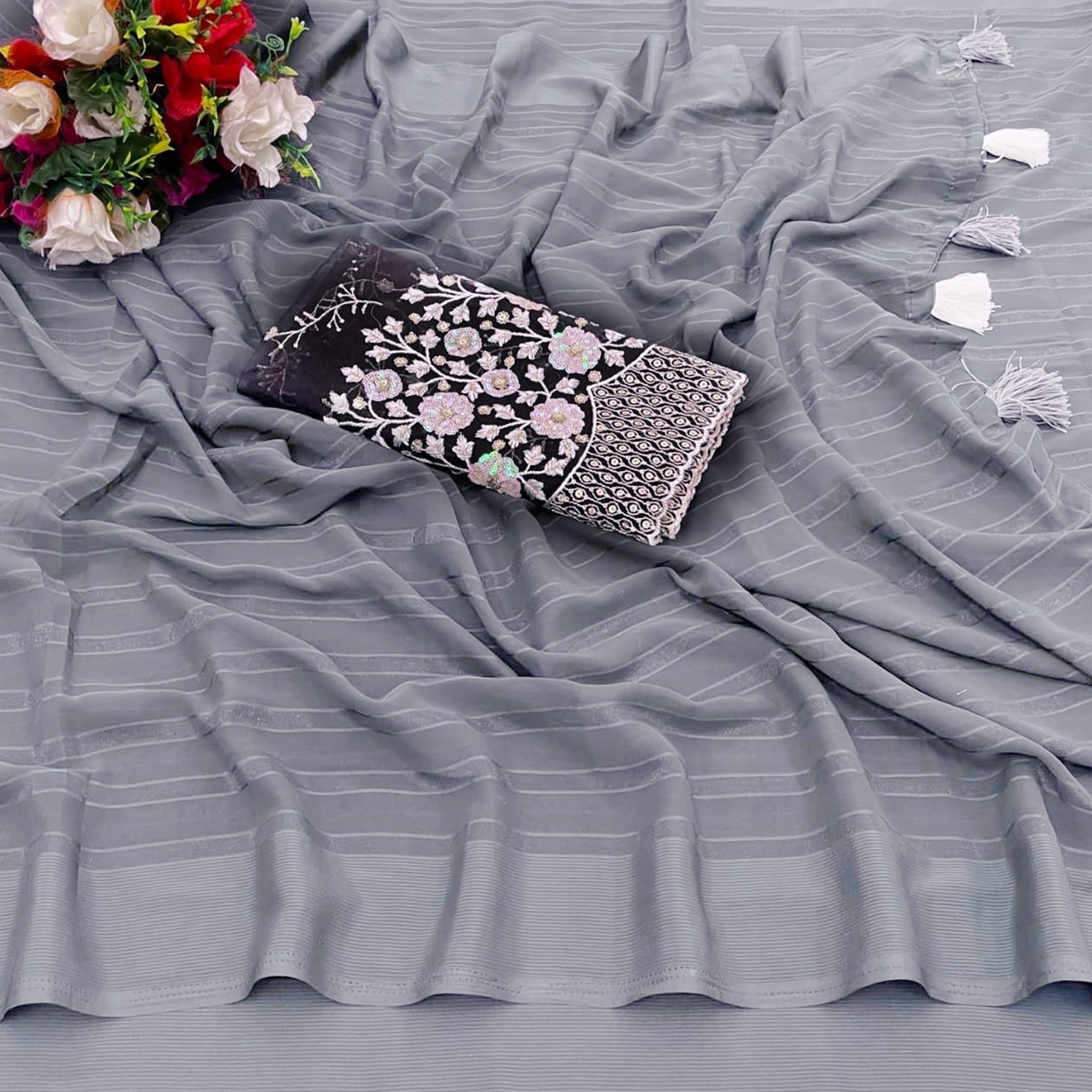 Peachmode Grey Zari Striped Chiffon Saree With Tassels
