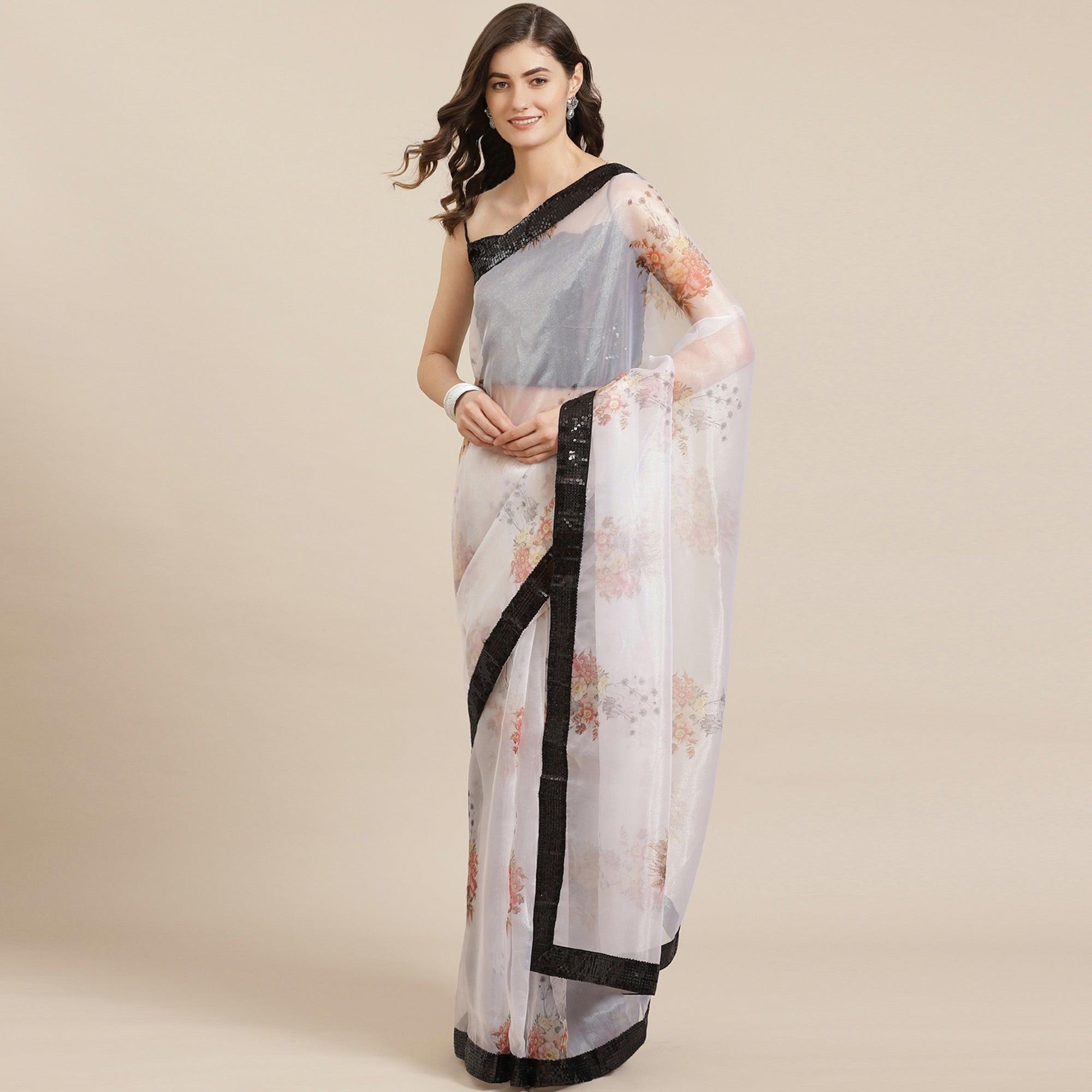 Peachmode Magnetic White Coloured Partywear Floral Printed Sequins Organza Saree
