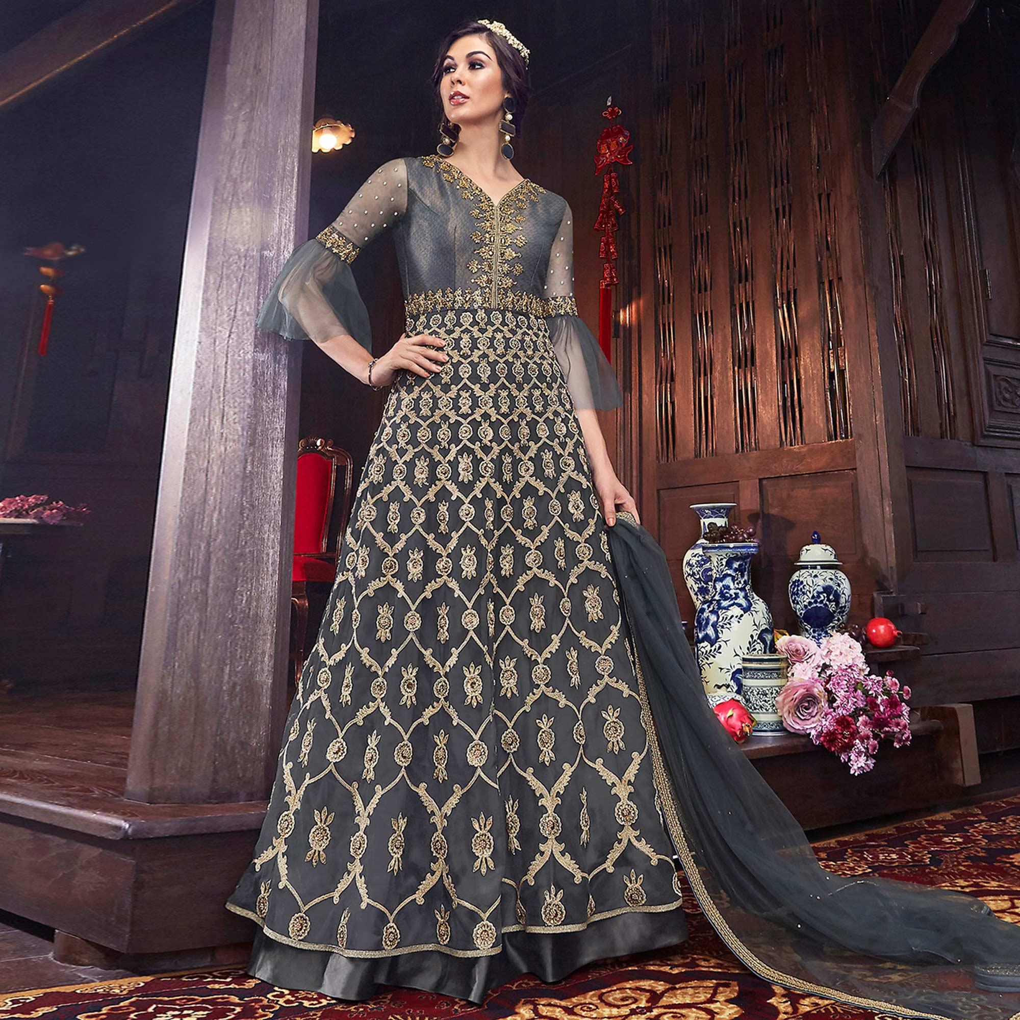 Peachmode Innovative Grey Colored Partywear Embroidered Net Palazzo Suit