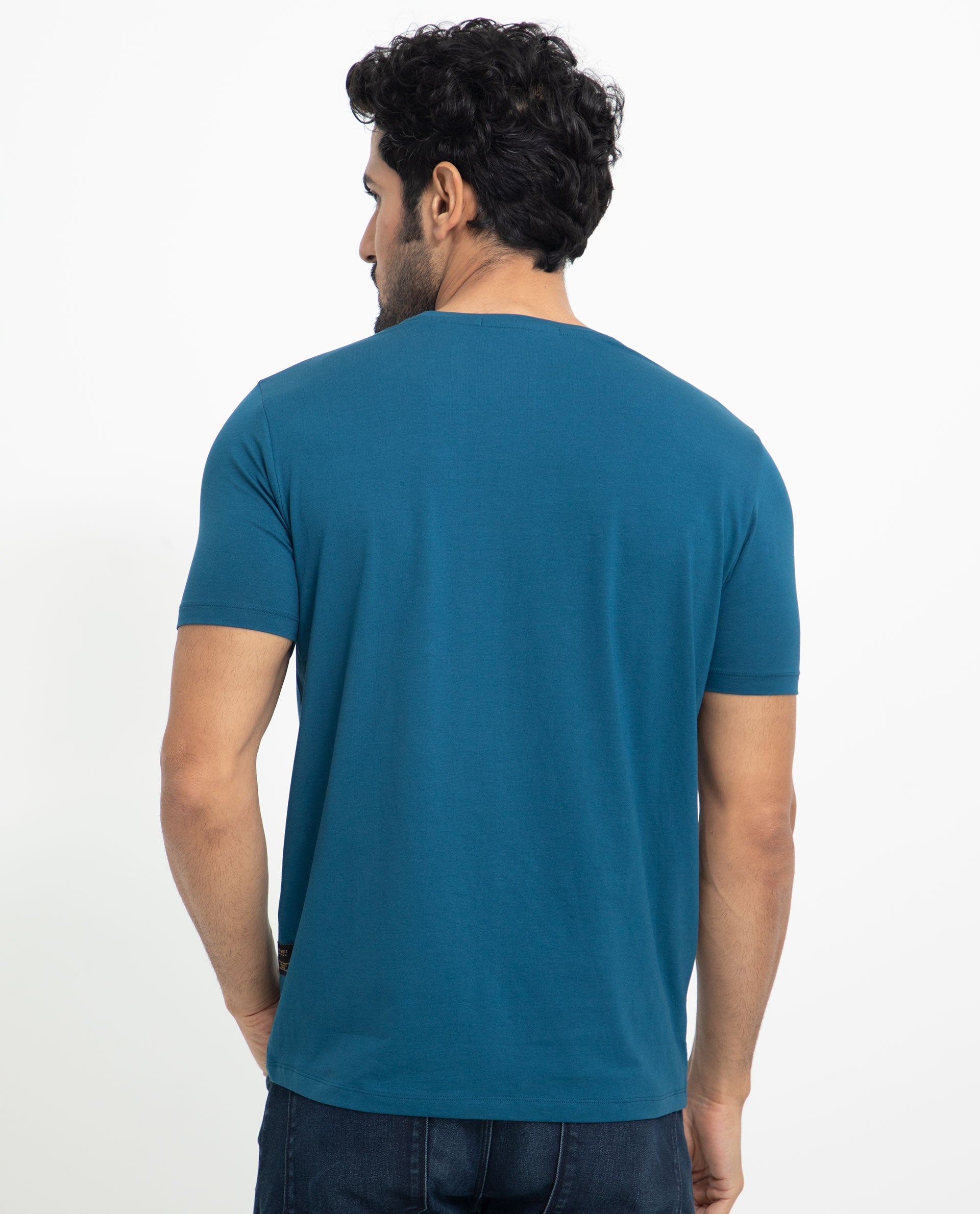 Rare Rabbit Men's Alanet Teal Crew Neck Foil HD Print Branding Half Sleeves Regular Fit T-Shirt - view 13
