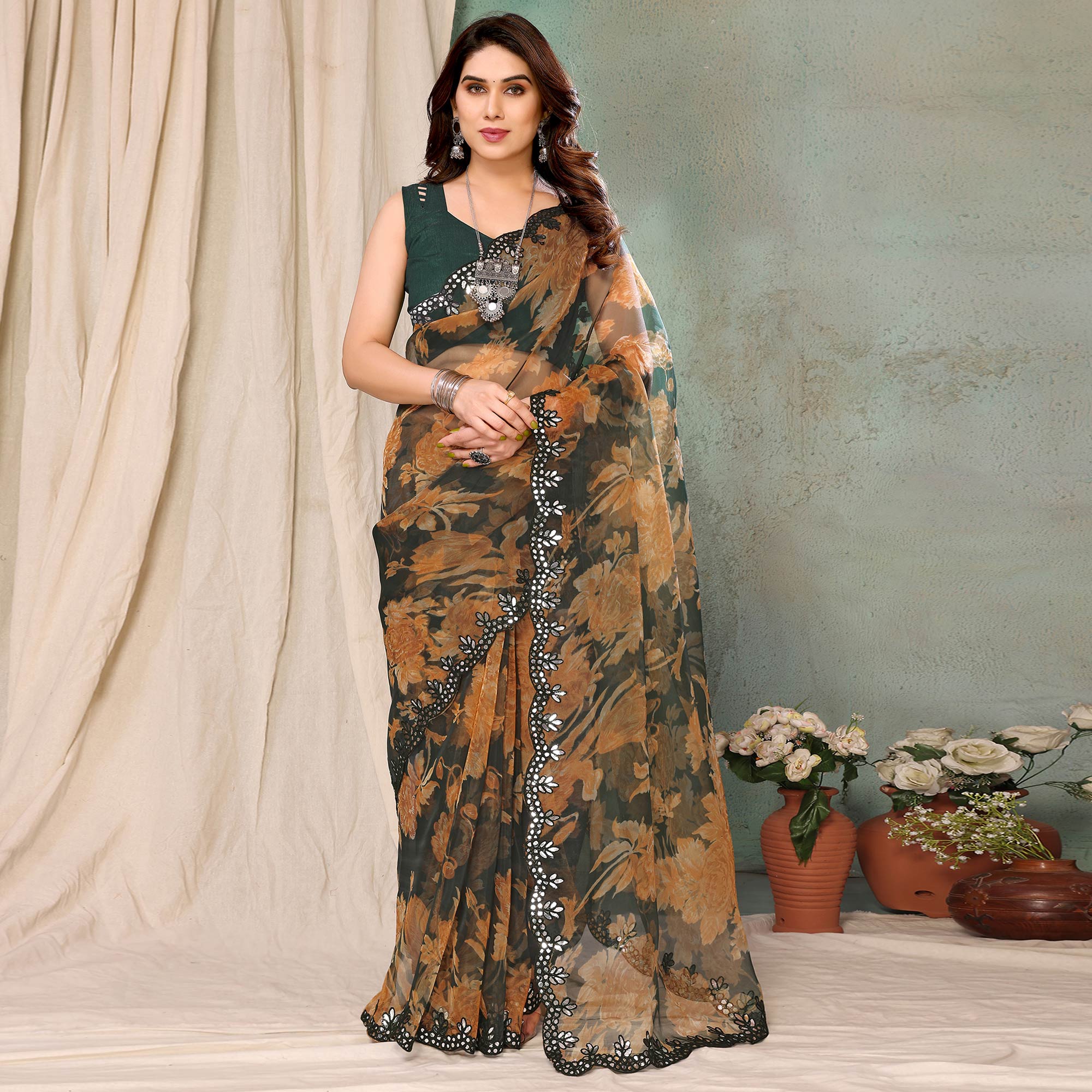 Peachmode Dark Green Printed Georgette Saree With Mirror Work Border - view 2