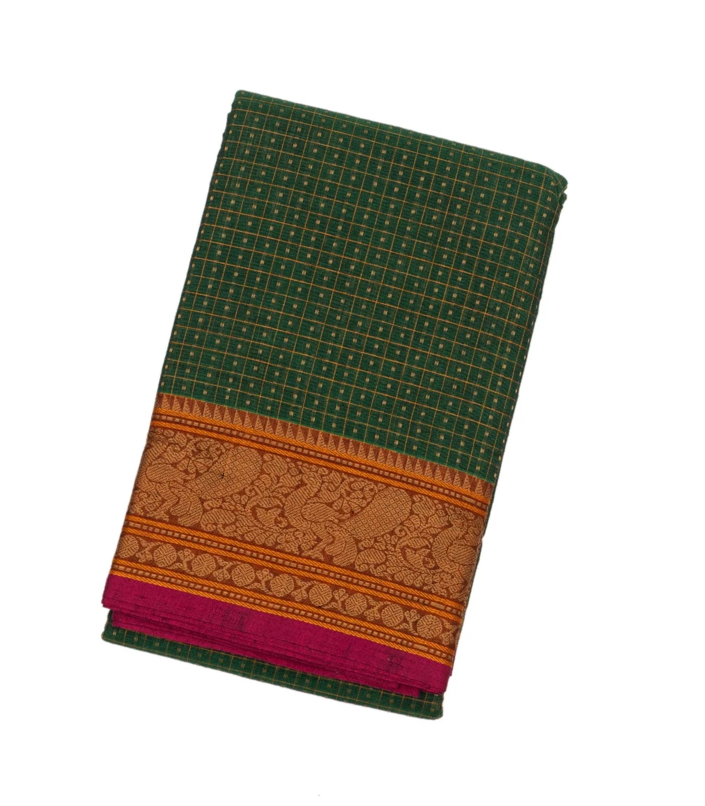 RmKV Dark Green Handloom Kanchi Cotton Saree With Checks & Square Motifs