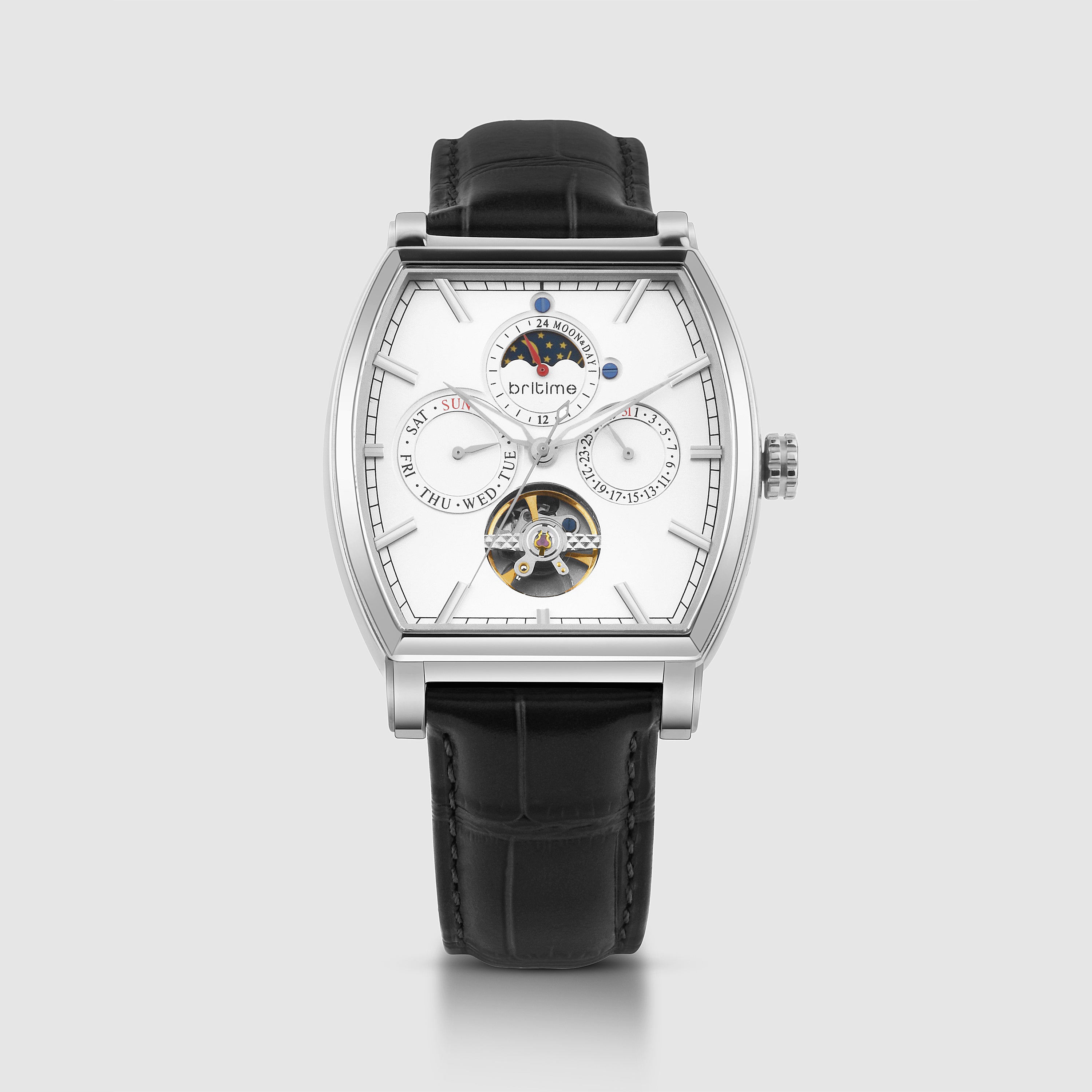 Britime Galaxy Men Automatic Silver Dial Multi-Function Leather Watch 985-L10306