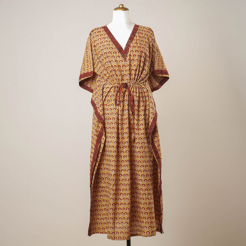 THE SAFFRON SAGA Beige - Pipad Hand Block Printed Cotton Kaftan with Tie-Up Waist (Long)