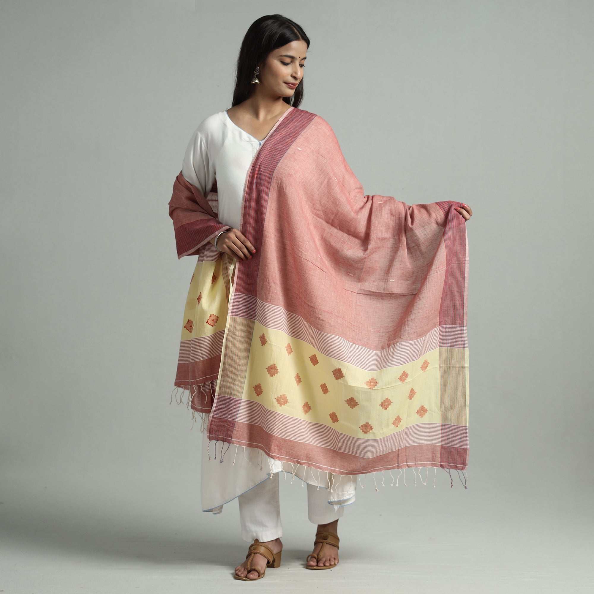 ARTISAN DIRECT BY CREATIVE DIGNITY Brown - Bengal Jamdani Buti Handloom Cotton Dupatta with Tassels 35 - view 2