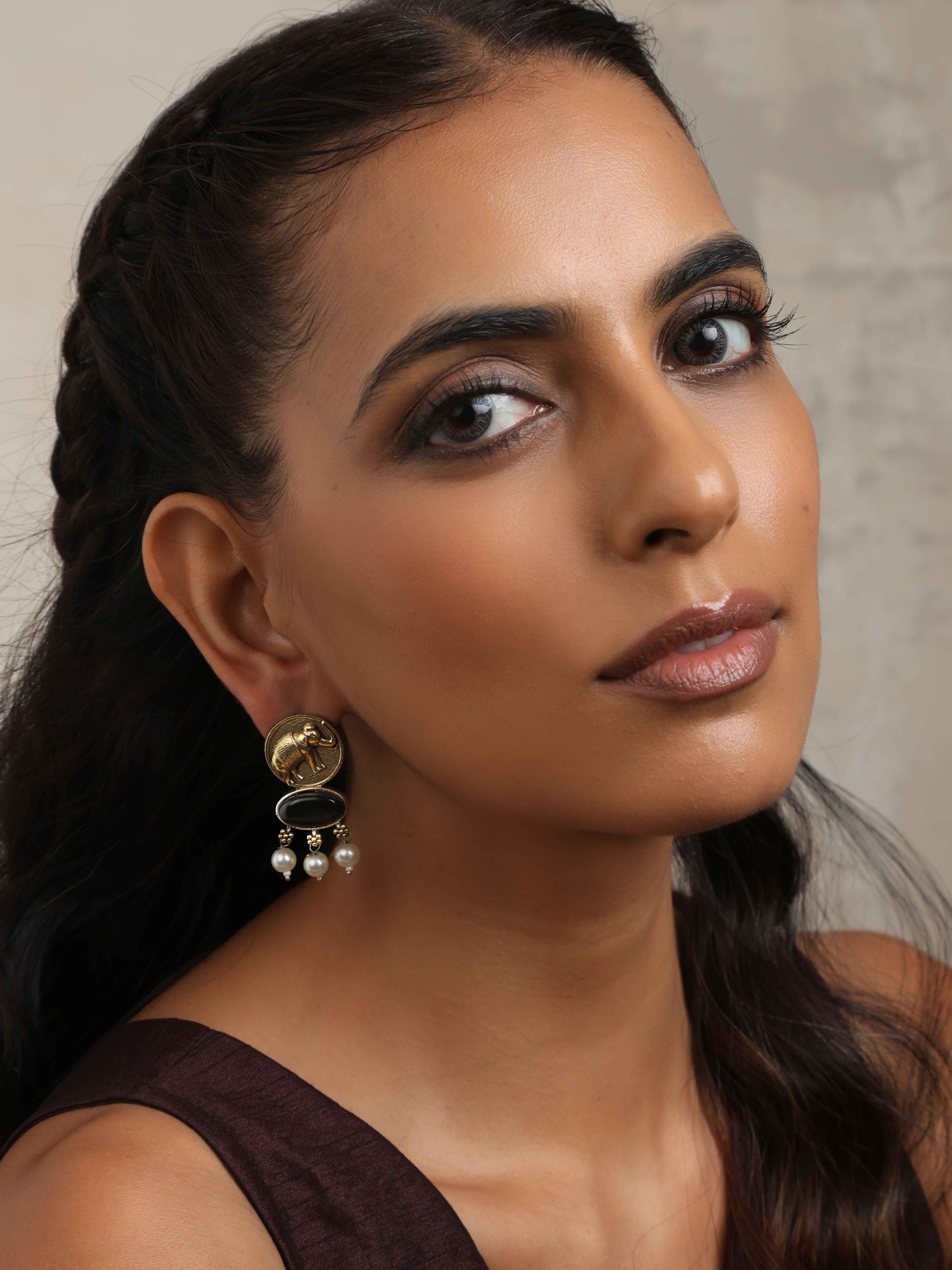 trueBrowns Gold Elephant Embossed Dangle Earrings - view 2