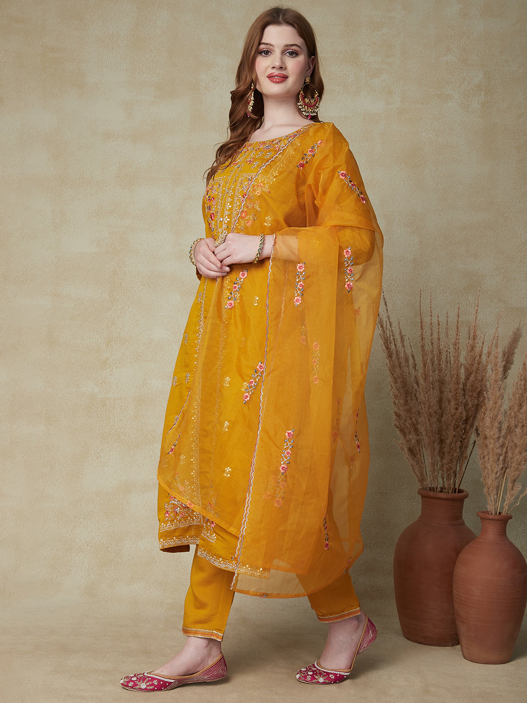Fashor Solid Mirror, Zari & Resham Embroidered Kurta With Pants & Embroidered Dupatta - Mustard - view 3