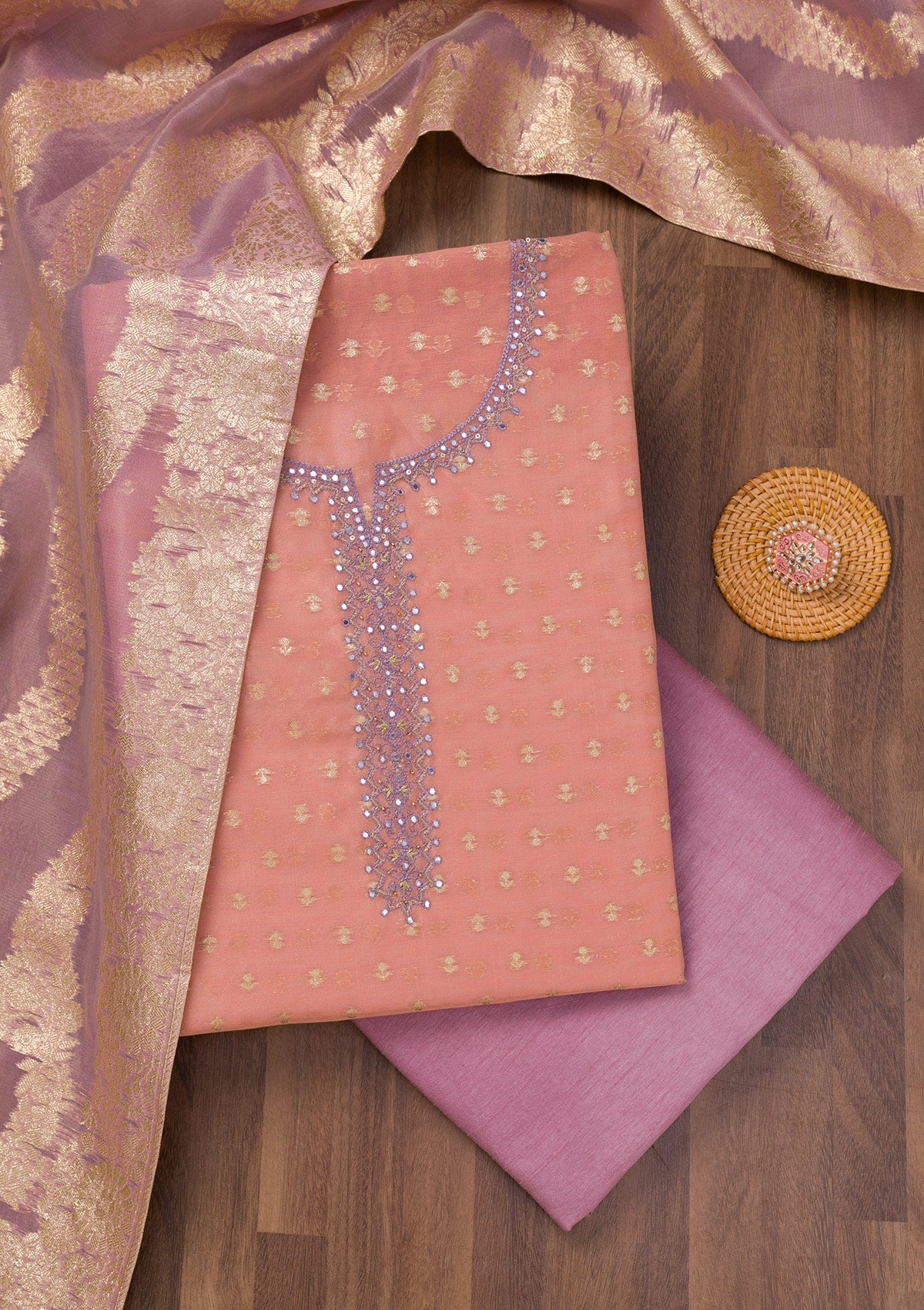 Koskii Peach Zariwork Banarasi Unstitched Salwar Suit