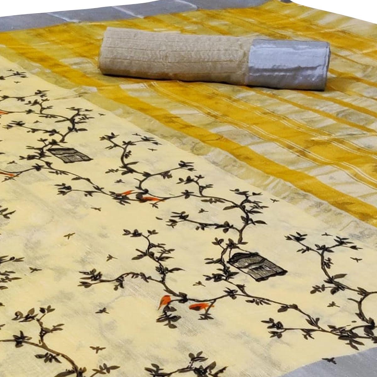 Peachmode Elegant Light Yellow Colored Casual Printed-Woven Linen Saree With Tassels - view 2