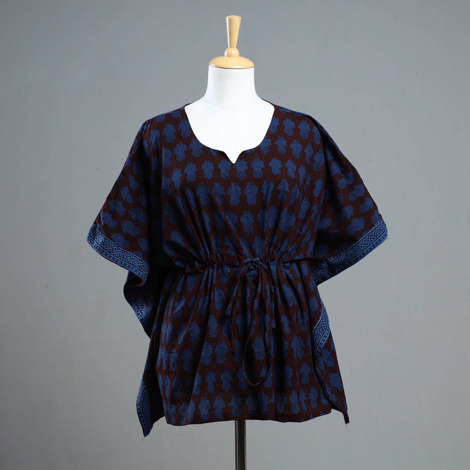 ITOKRI CASUALS Blue - Bagh Block Printed Cotton Kaftan with Tie-Up Waist (Short)
