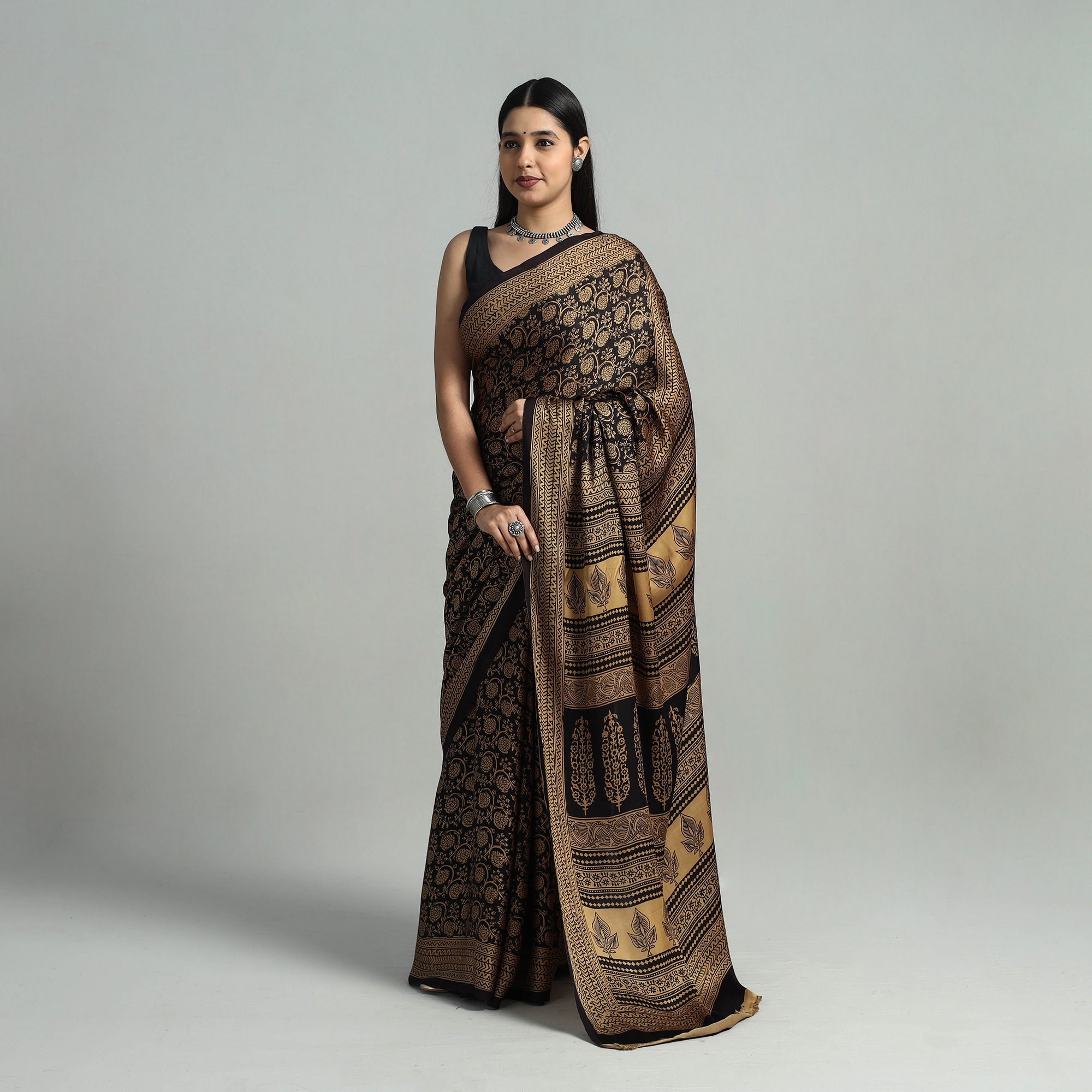 BAGH PRINTS BY MOHAMMED RAFIK KHATRI Black - Hand Block Printed Modal Silk Bagh Saree 01 - view 2