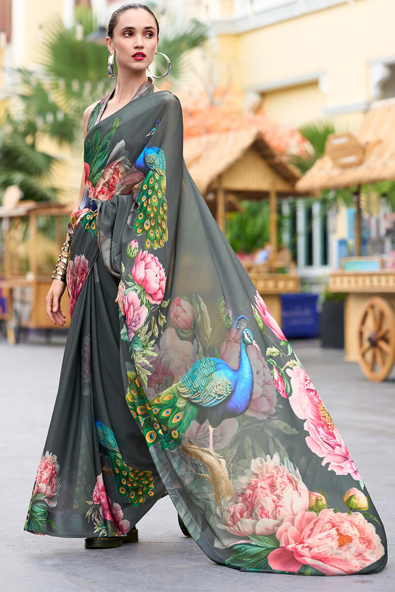 Rajpath Elaborate Grey Digital Printed Georgette Saree With Supernal Blouse Piece