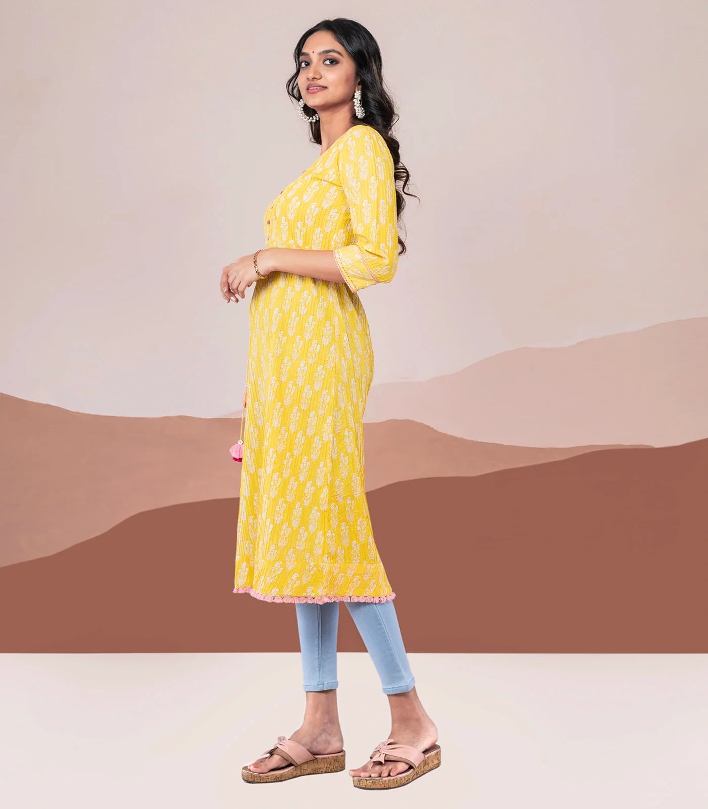 RmKV Yellow pin tuck cotton kurta with rope tassel tie up