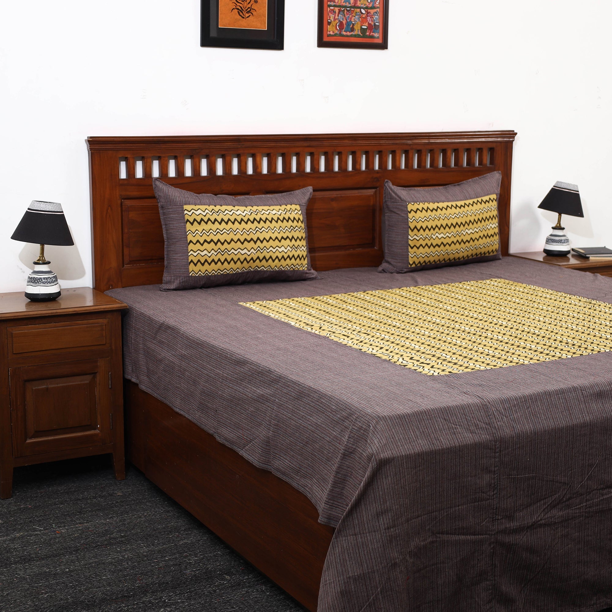 NOORI BAZAR Brown - Plain Cotton Double Bed Cover with Block Print Patchwork (94 x 89 In)