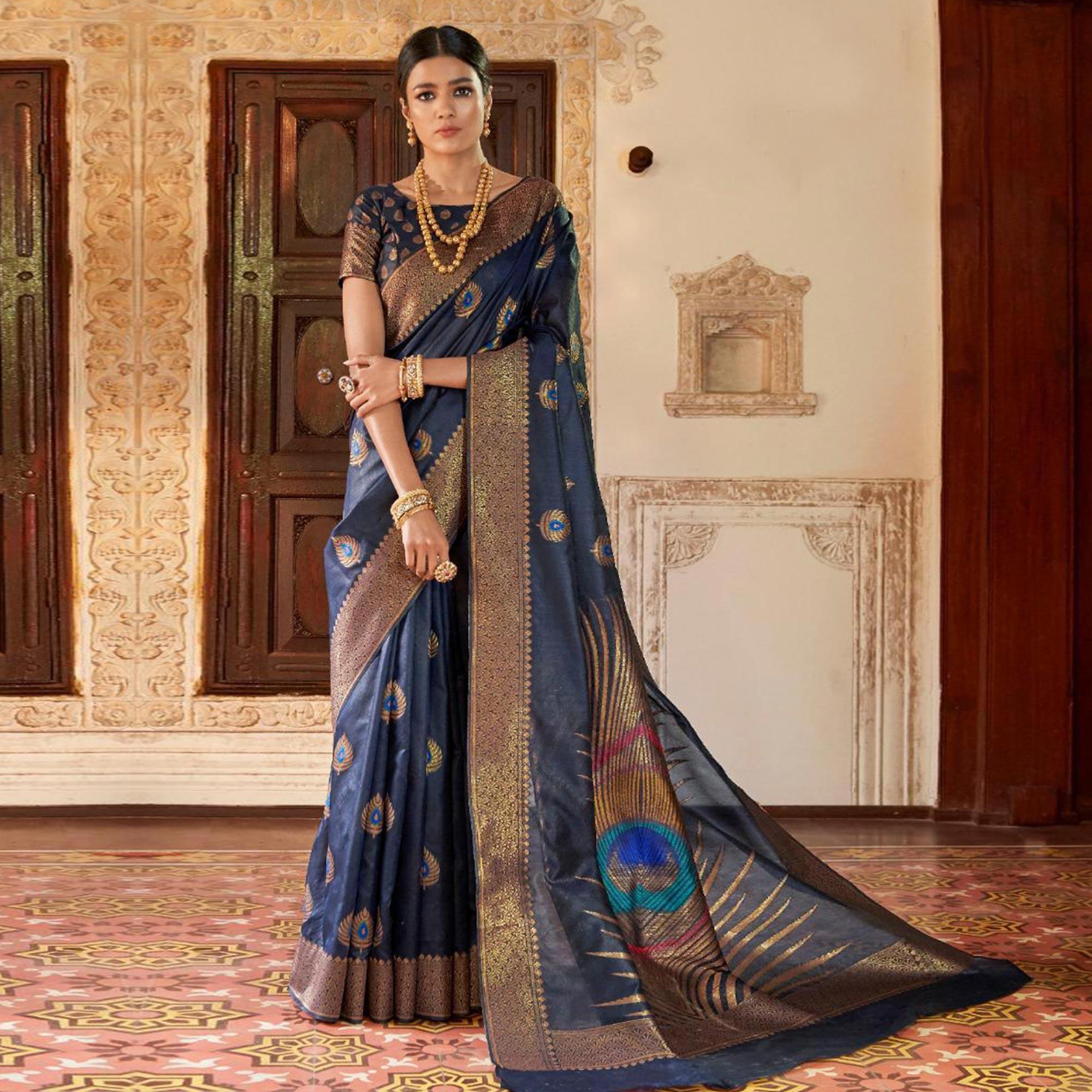 Peachmode Lovely Navy Blue Colored Festive Wear Woven Silk Saree