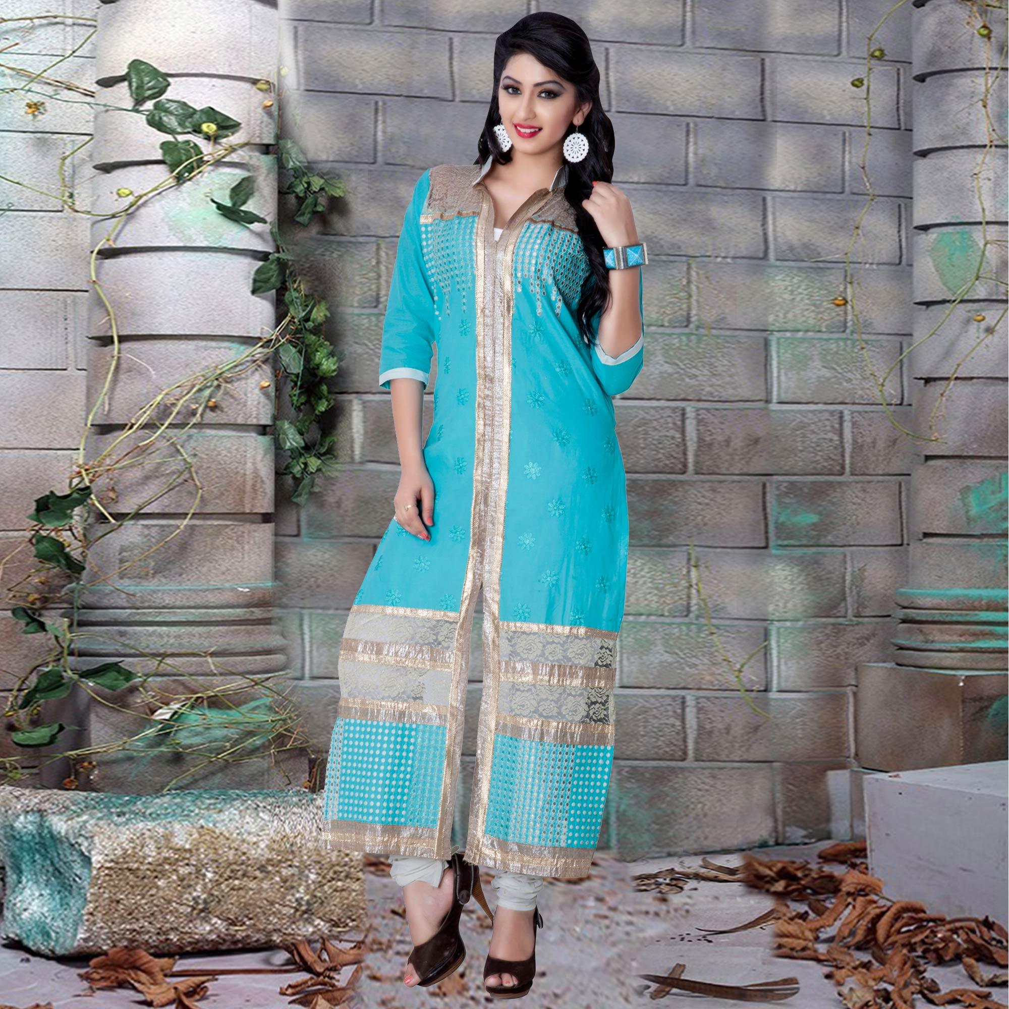 Peachmode Lovely Sky Blue Colored Party Wear Embroidered Cotton Dress Material