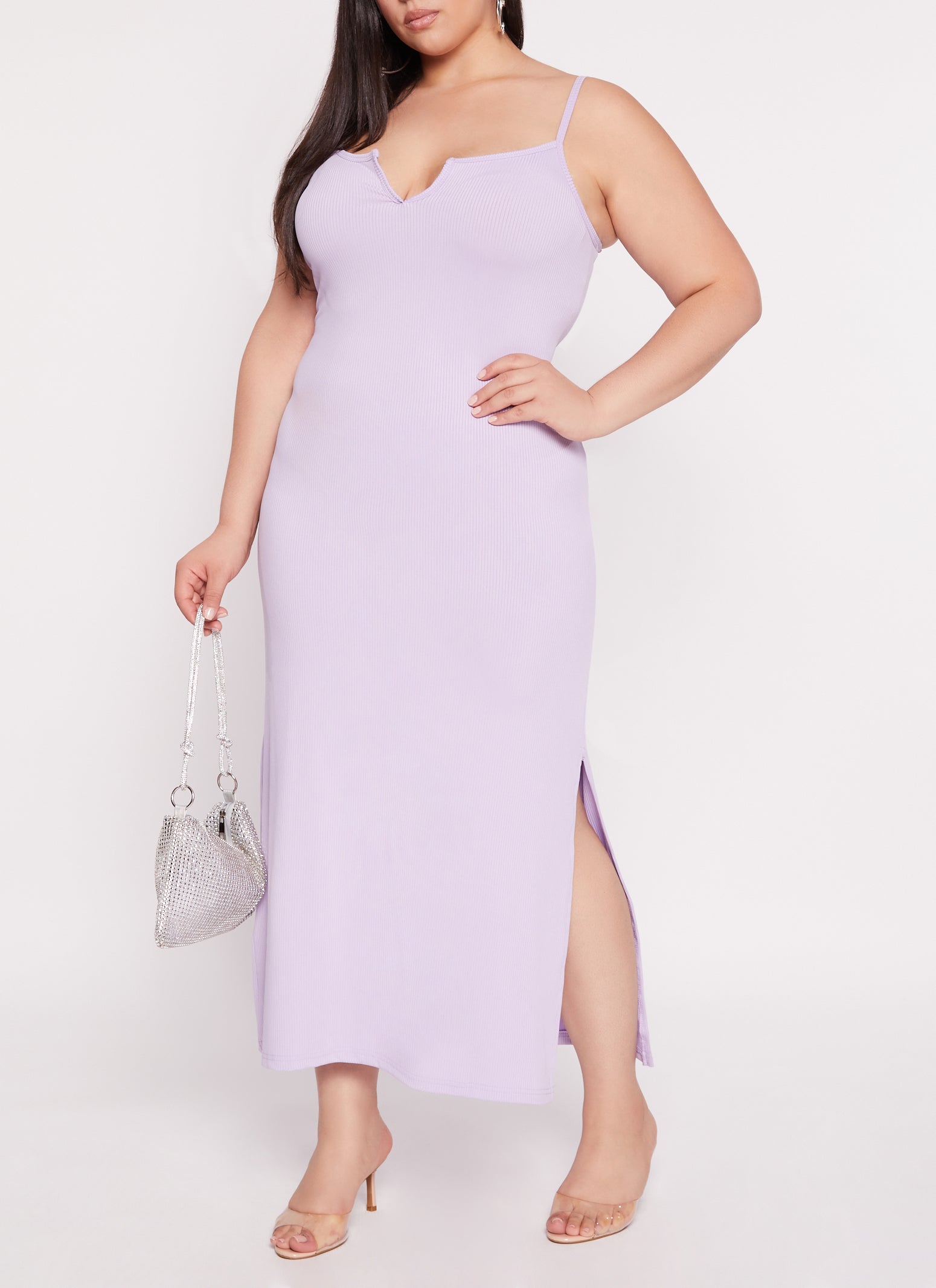 Rainbow Shops Plus Size Rib Knit Split Neck Cami Maxi Dress