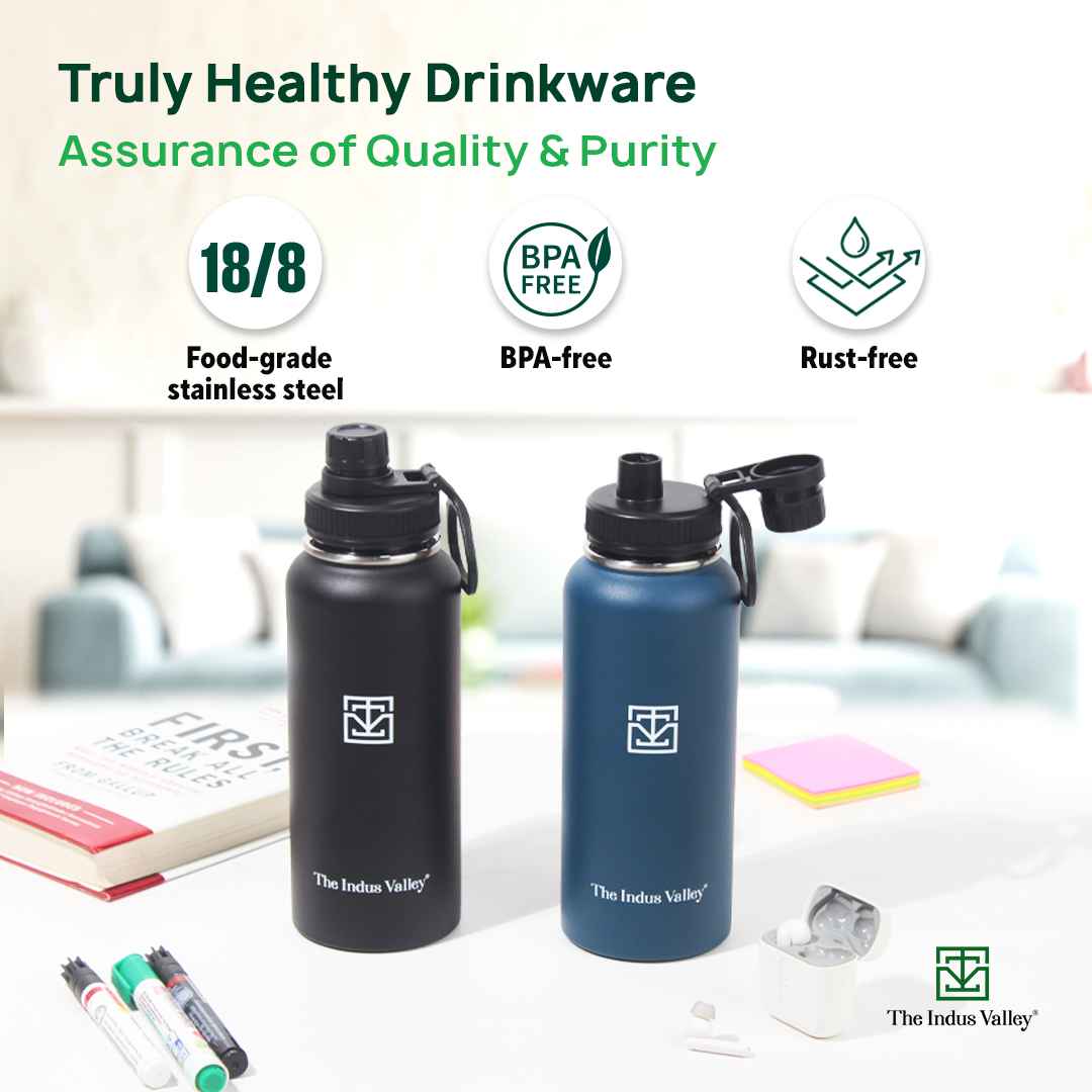 The Indus Valley Premium Stainless Steel Vacuum Insulated Wide Mouth Water Bottle with Handle, Leak-proof, 1000ml - view 3