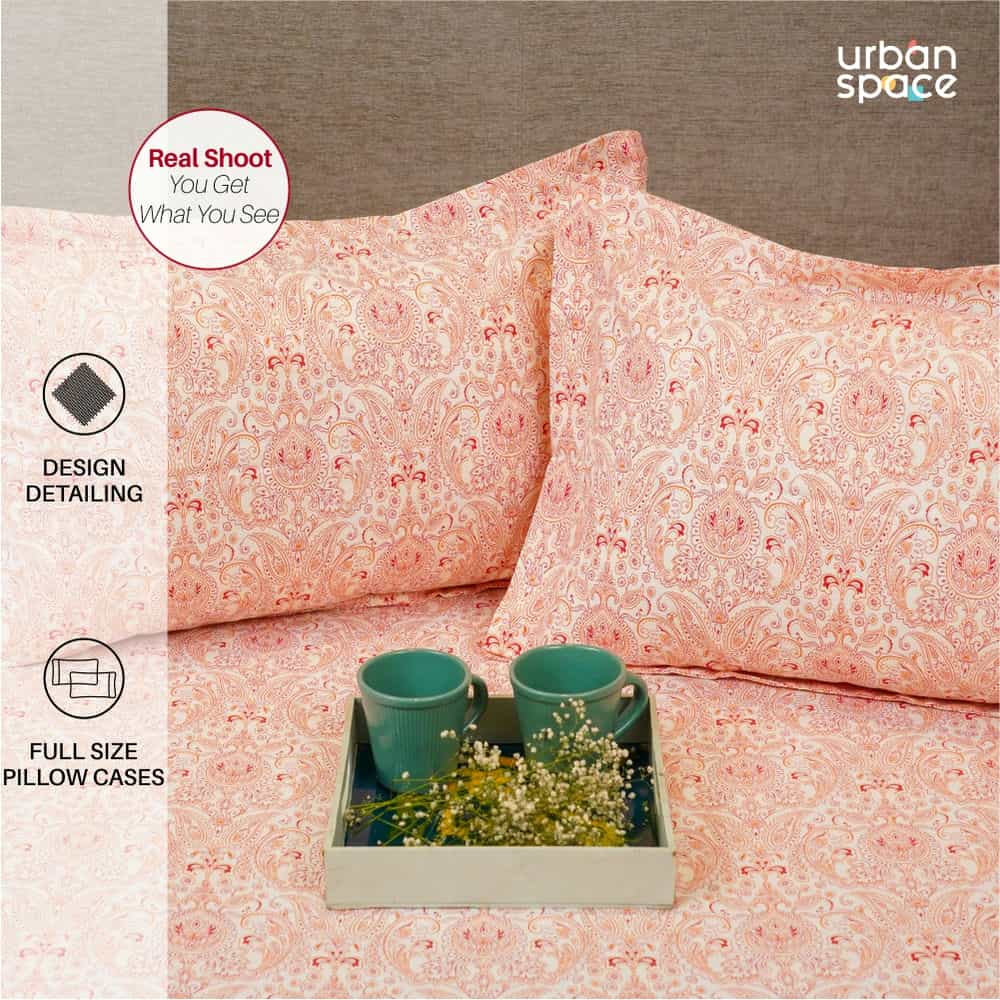 Urban Space -Home Furnishing Store Regal Collection - Breathable 200 TC 100% Pure Cotton Bedsheet with Pillow Cover, Paisley- Peach - view 3