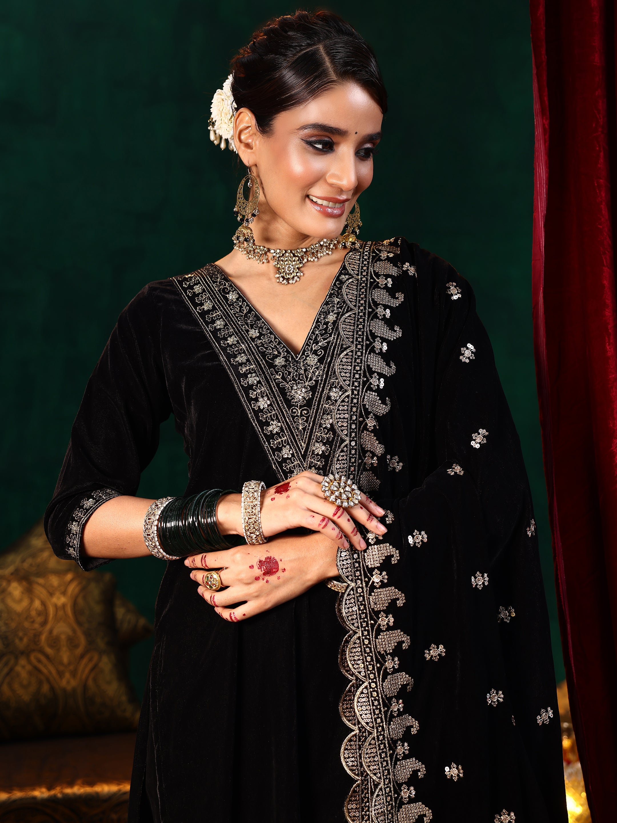 Libas Black Yoke Design Velvet Straight Suit With Dupatta - view 8