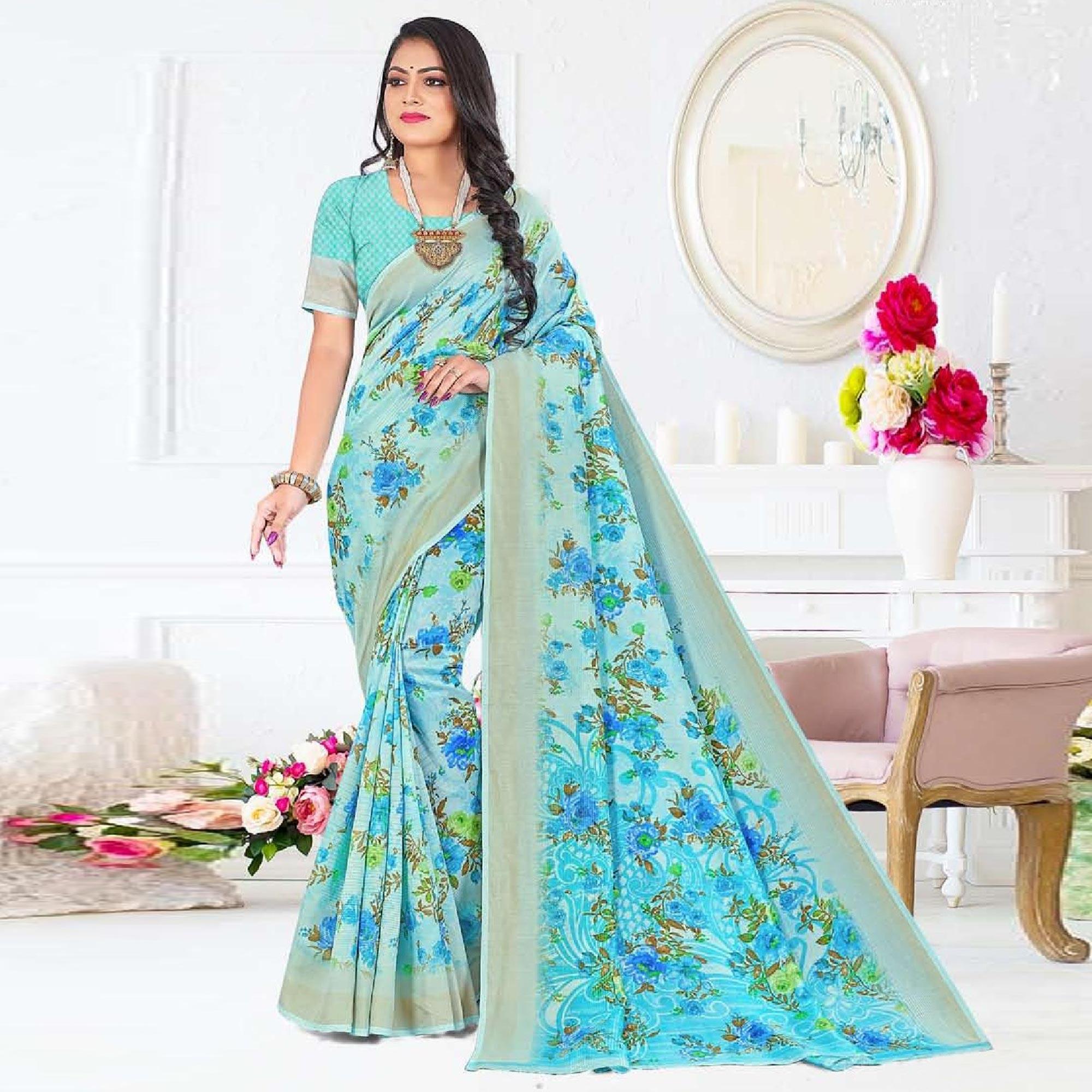 Peachmode Light Blue Casual Wear Floral Digital Printed Soft Silk Saree
